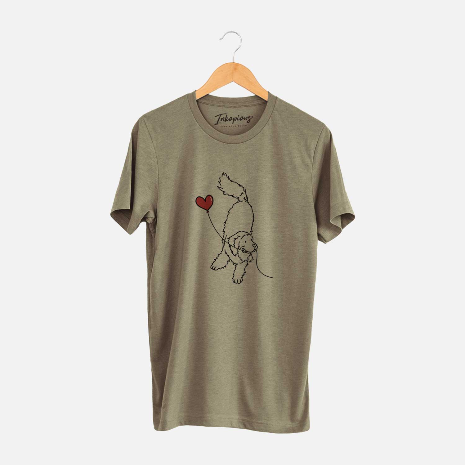 Minimalist line drawing of a Newfoundland Heart String holding a heart balloon on an Olive Unisex crewneck