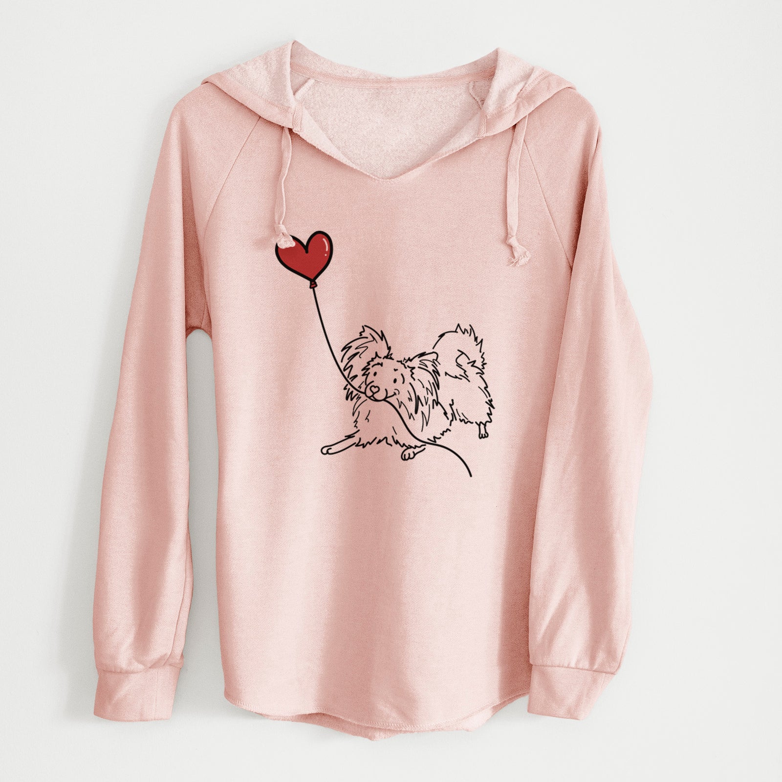 Minimalist line drawing of a Papillon Heart String holding a heart balloon on a Blush Cali Wave Hooded Sweatshirt