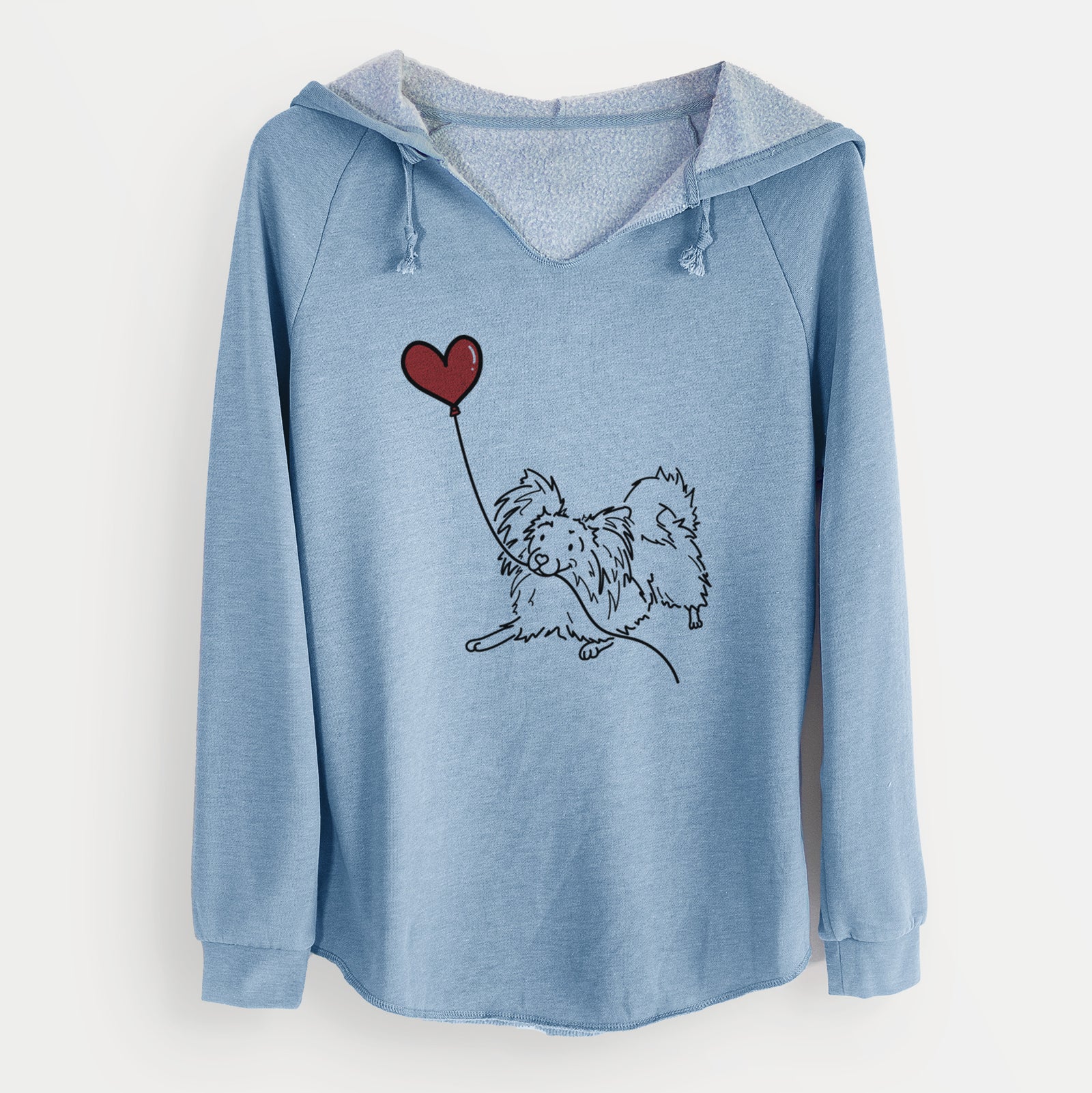 Minimalist line drawing of a Papillon Heart String holding a heart balloon on a Misty Blue Cali Wave Hooded Sweatshirt