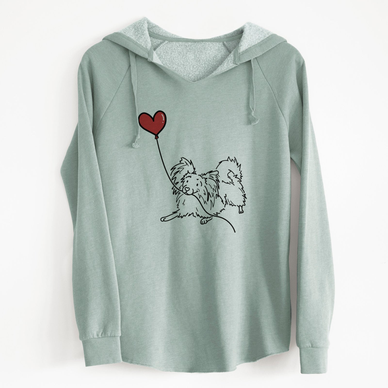 Minimalist line drawing of a Papillon Heart String holding a heart balloon on a Sage Cali Wave Hooded Sweatshirt