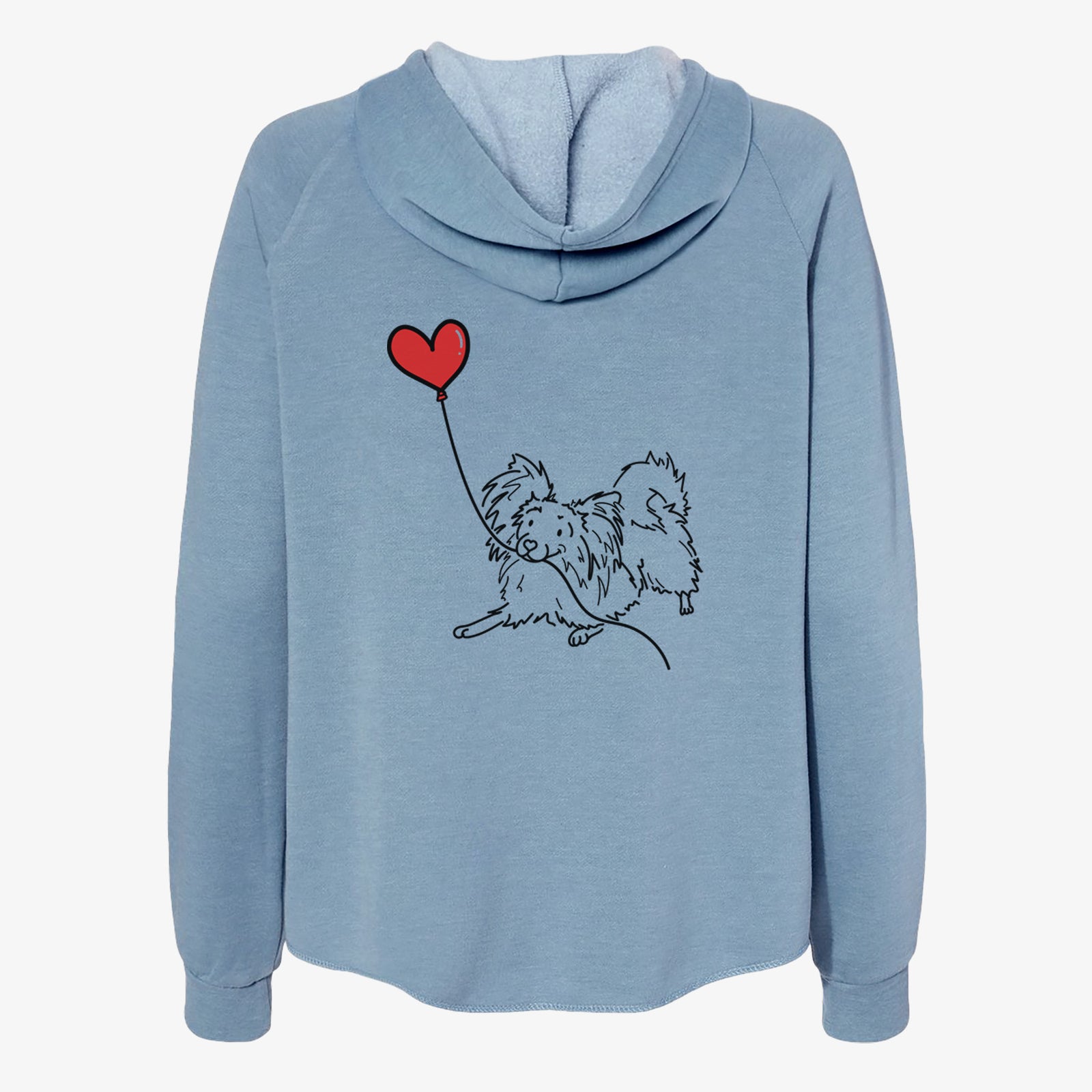 Minimalist line drawing of a Papillon Heart String- Women's Cali Wave Zip-Up Sweatshirt holding a heart balloon on a Misty Blue Cali Wave Zipup Sweatshirt