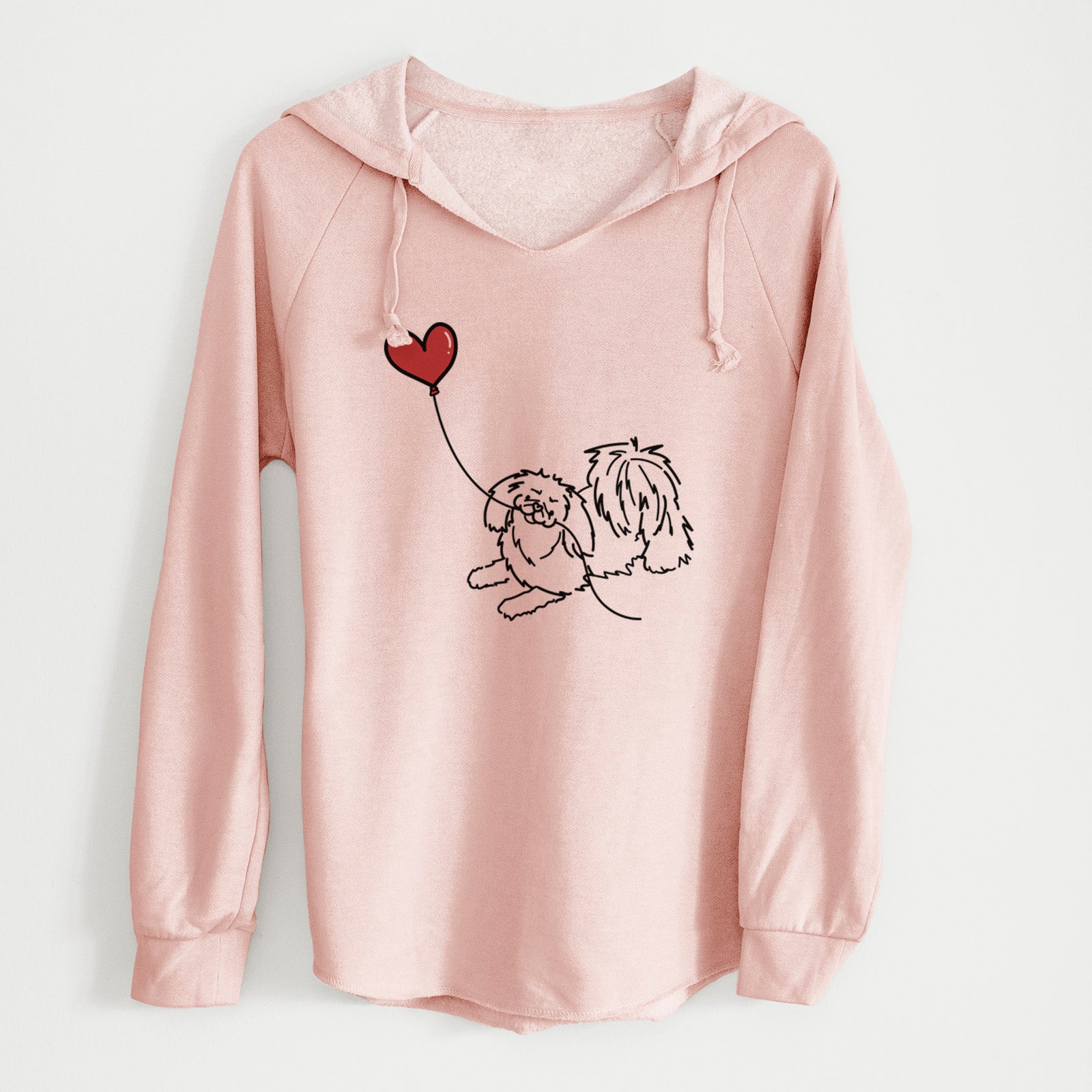 Minimalist line drawing of a Pekingese Heart String holding a heart balloon on a Blush Cali Wave Hooded Sweatshirt