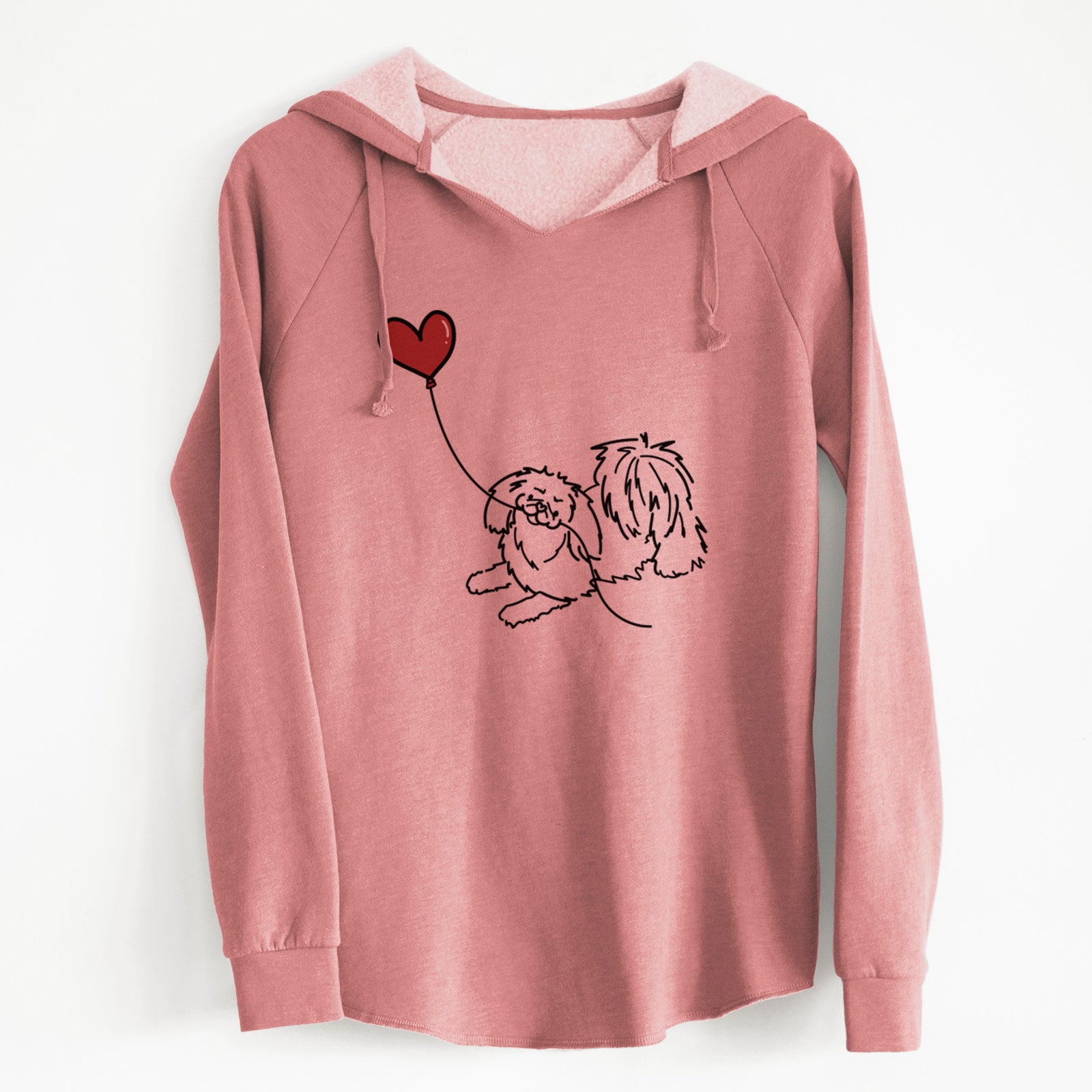 Minimalist line drawing of a Pekingese Heart String holding a heart balloon on a Dusty Rose Cali Wave Hooded Sweatshirt