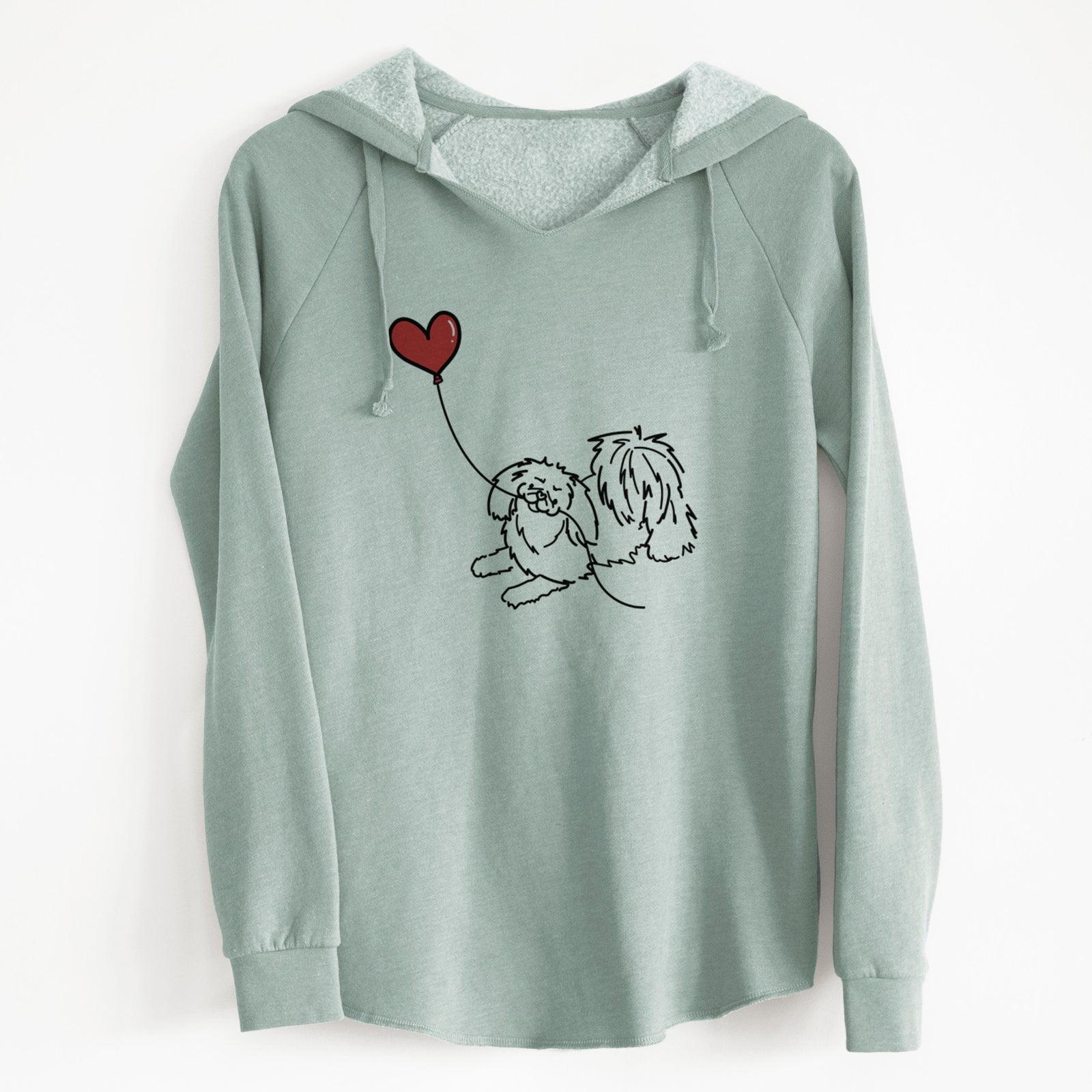 Minimalist line drawing of a Pekingese Heart String holding a heart balloon on a Sage Cali Wave Hooded Sweatshirt