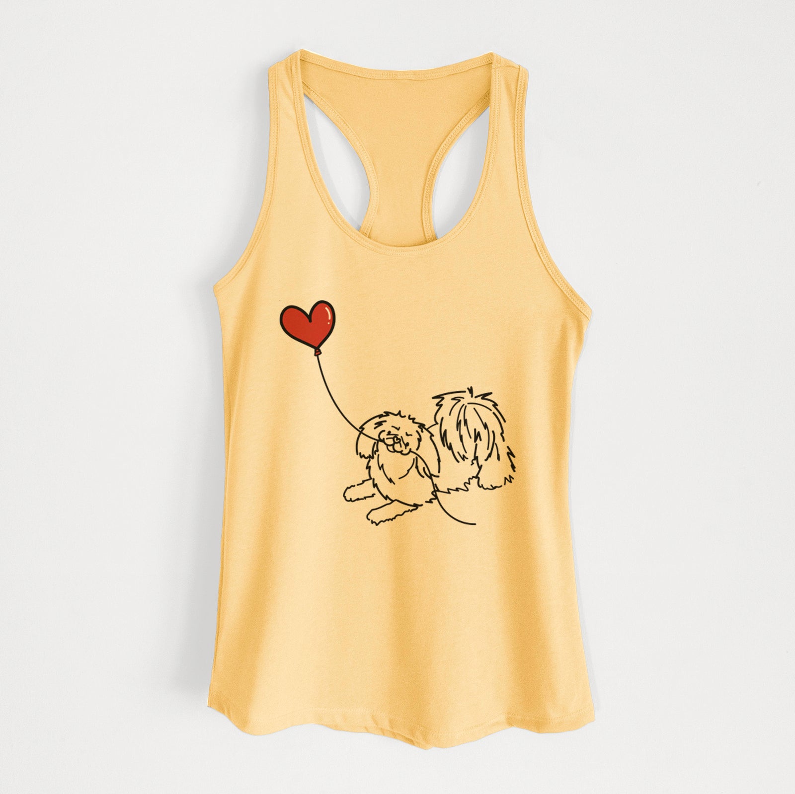Minimalist line drawing of a Pekingese Heart String holding a heart balloon on a Banana Cream Women's racerback tanktop