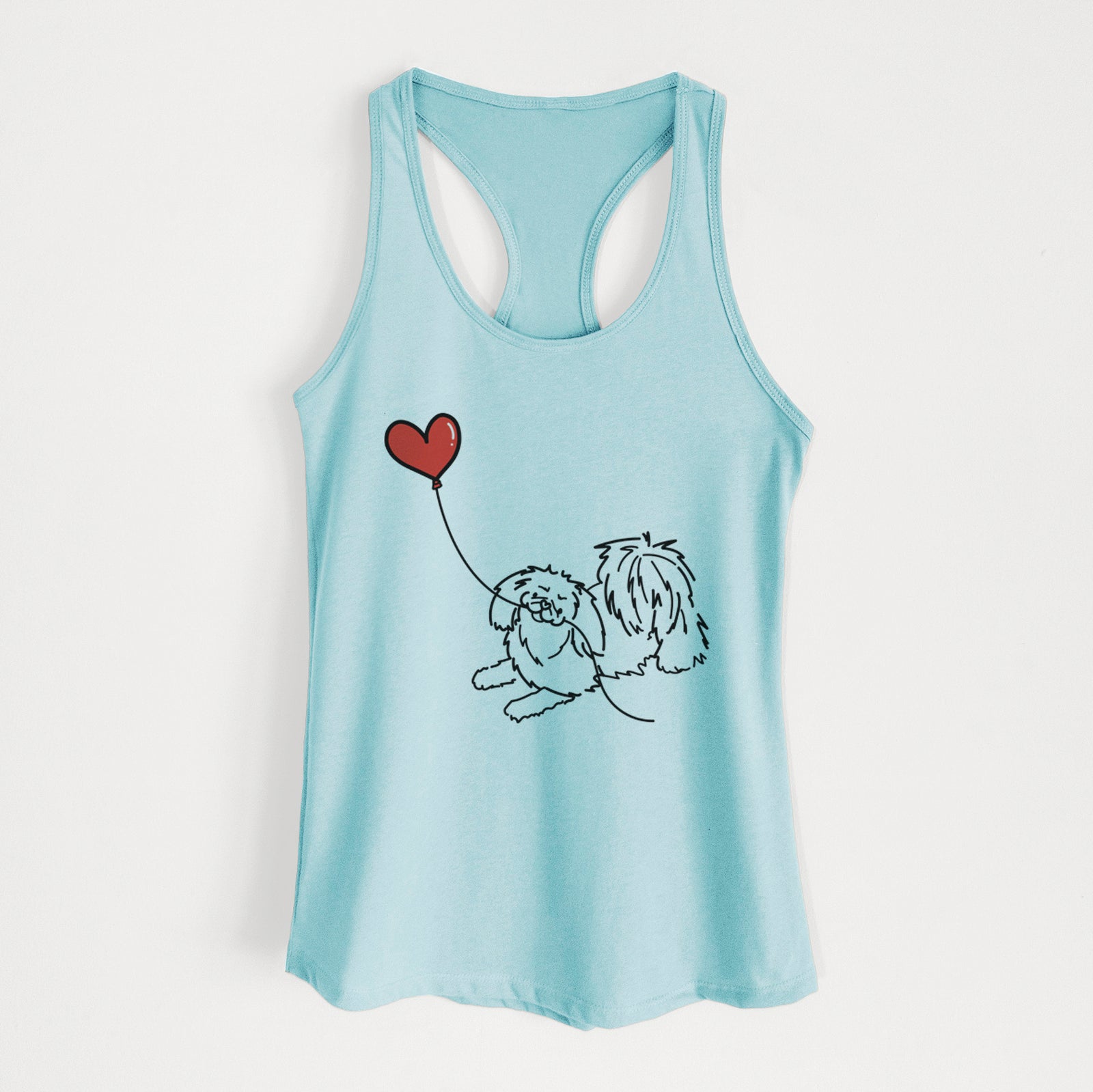 Minimalist line drawing of a Pekingese Heart String holding a heart balloon on a Cancun Blue Women's racerback tanktop