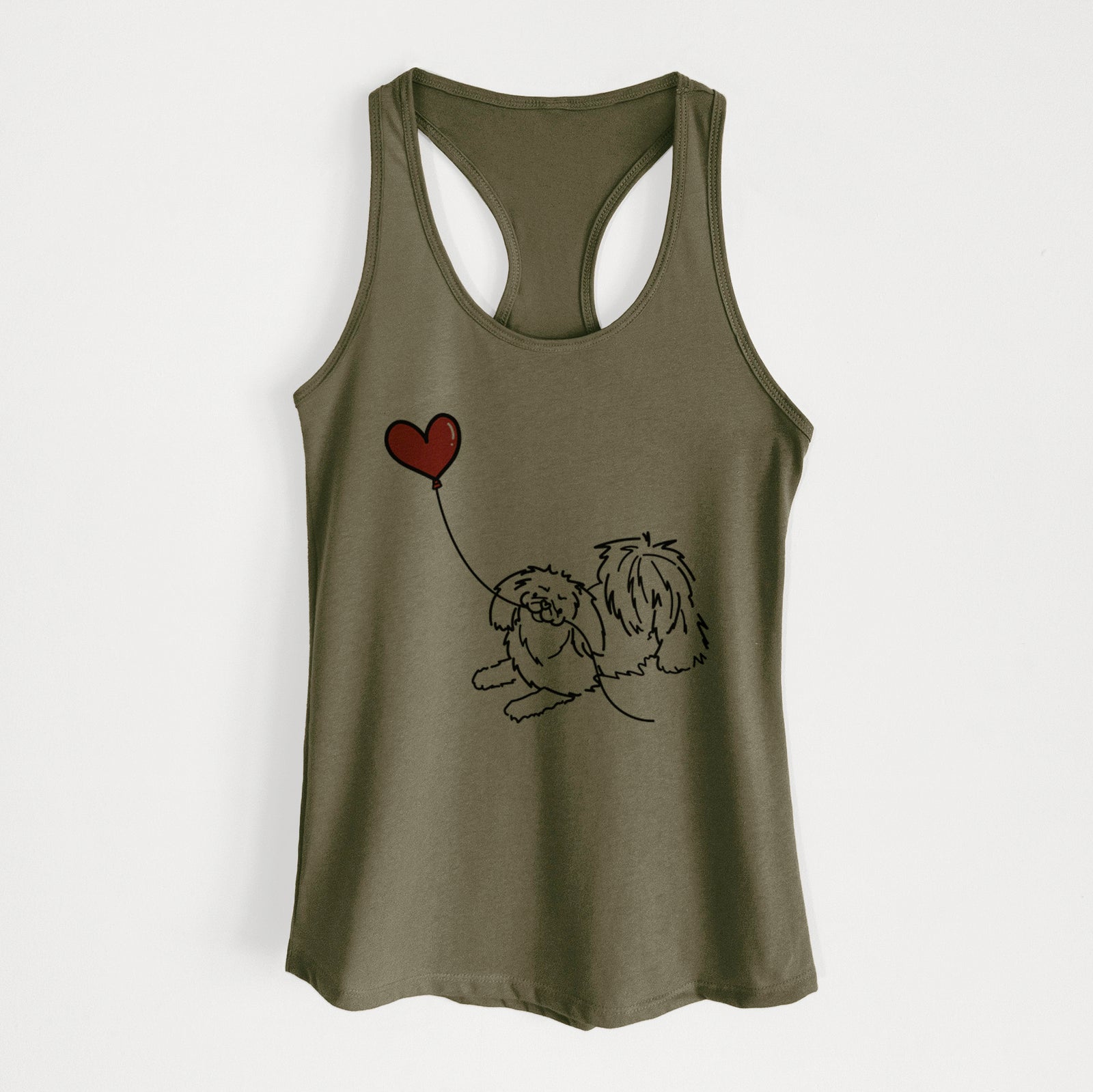 Minimalist line drawing of a Pekingese Heart String holding a heart balloon on a Military Green Women's racerback tanktop