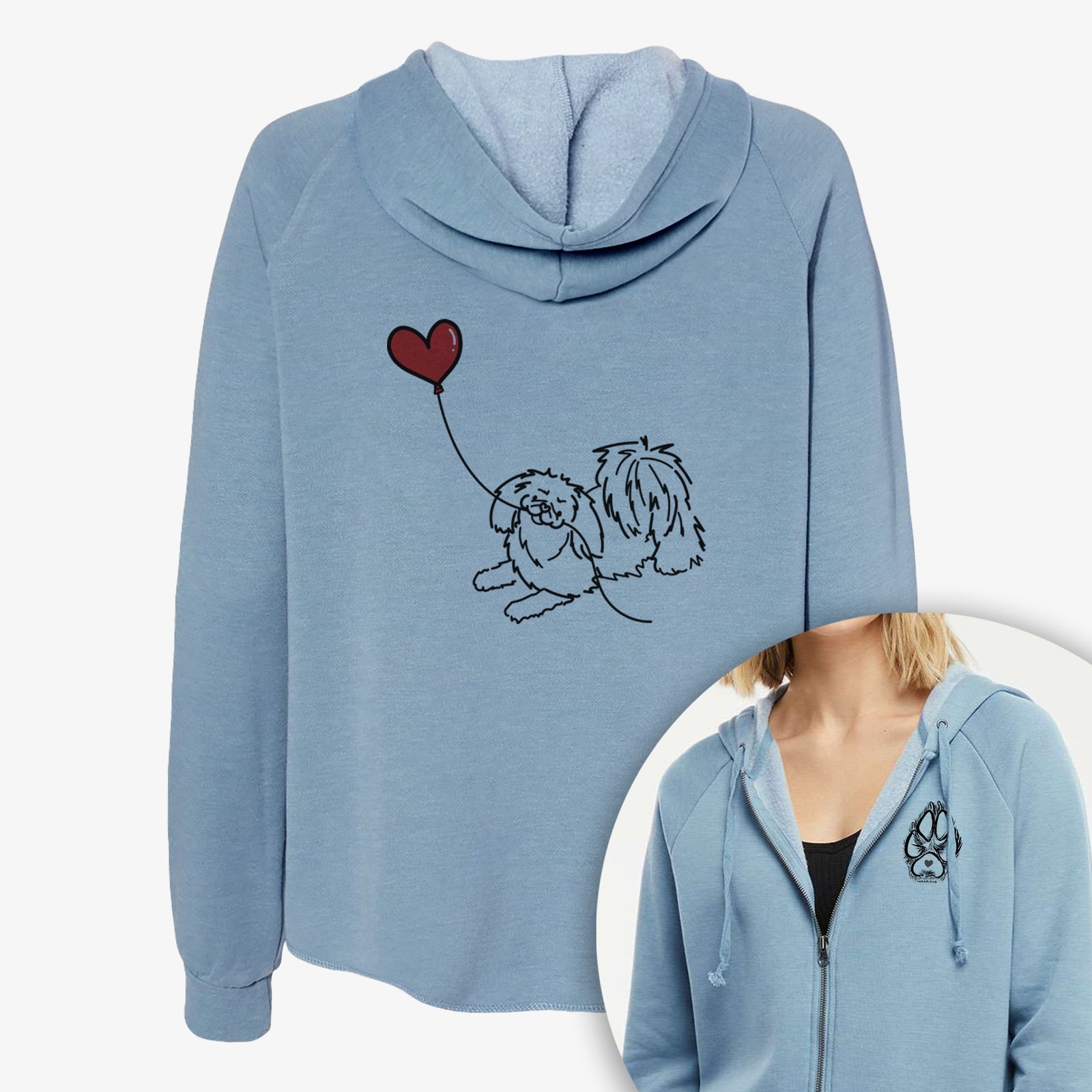 Minimalist line drawing of a Pekingese Heart String- Women's Cali Wave Zip-Up Sweatshirt holding a heart balloon on a Cali Wave Zipup Sweatshirt, shown with icons of the other available costume styles