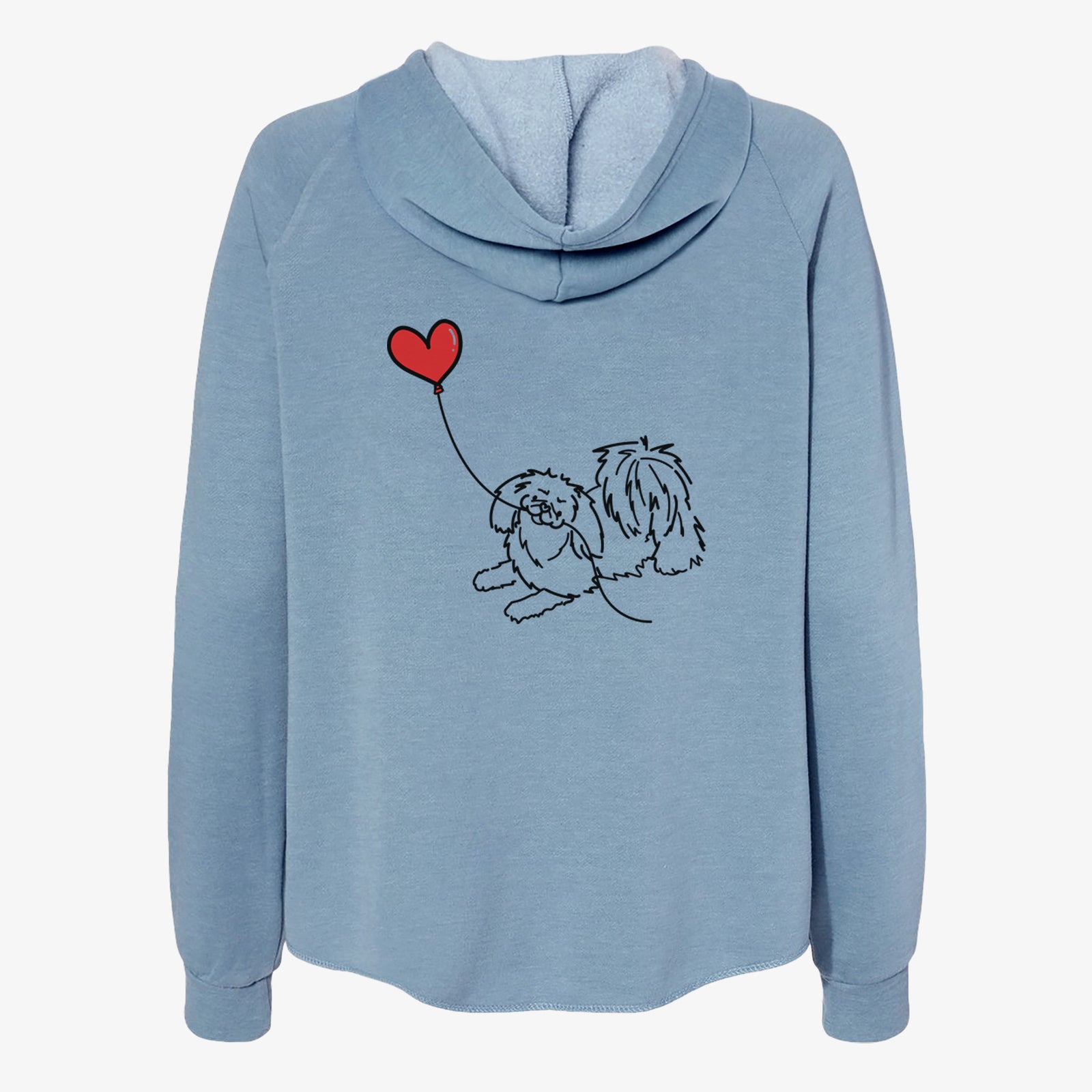 Minimalist line drawing of a Pekingese Heart String- Women's Cali Wave Zip-Up Sweatshirt holding a heart balloon on a Misty Blue Cali Wave Zipup Sweatshirt