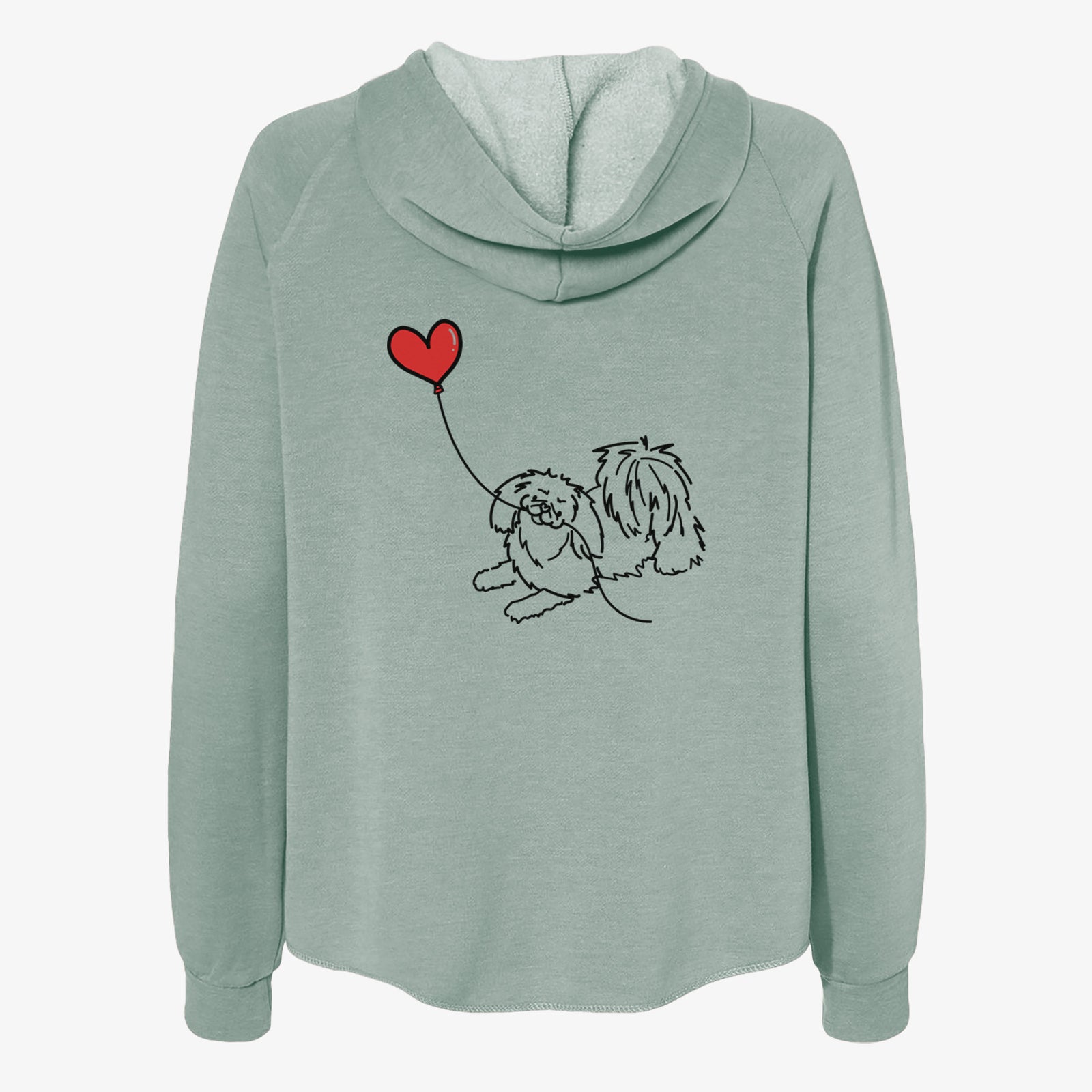 Minimalist line drawing of a Pekingese Heart String- Women's Cali Wave Zip-Up Sweatshirt holding a heart balloon on a Sage Cali Wave Zipup Sweatshirt