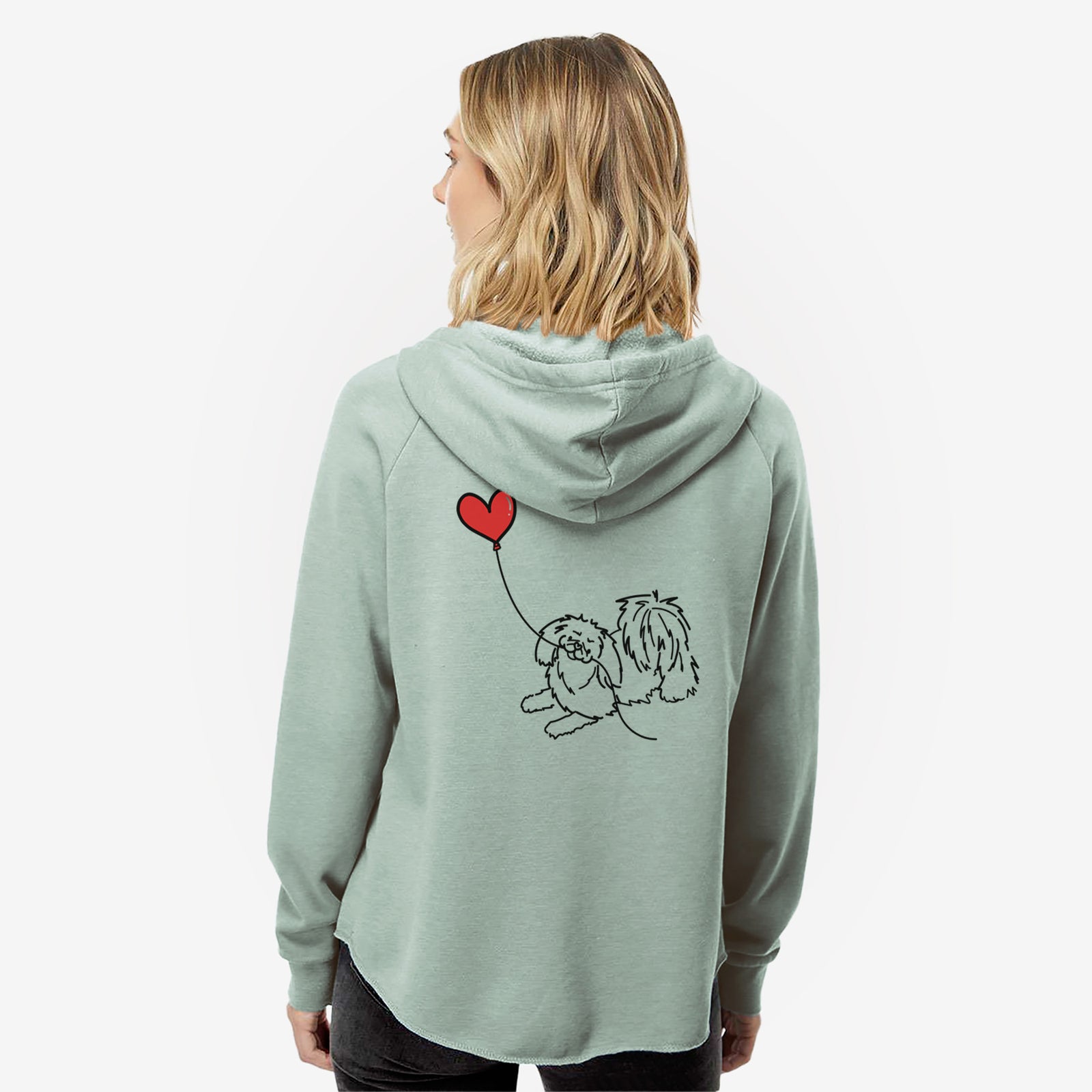 Minimalist line drawing of a Pekingese Heart String- Women's Cali Wave Zip-Up Sweatshirt holding a heart balloon on a Sage Cali Wave Zipup Sweatshirt