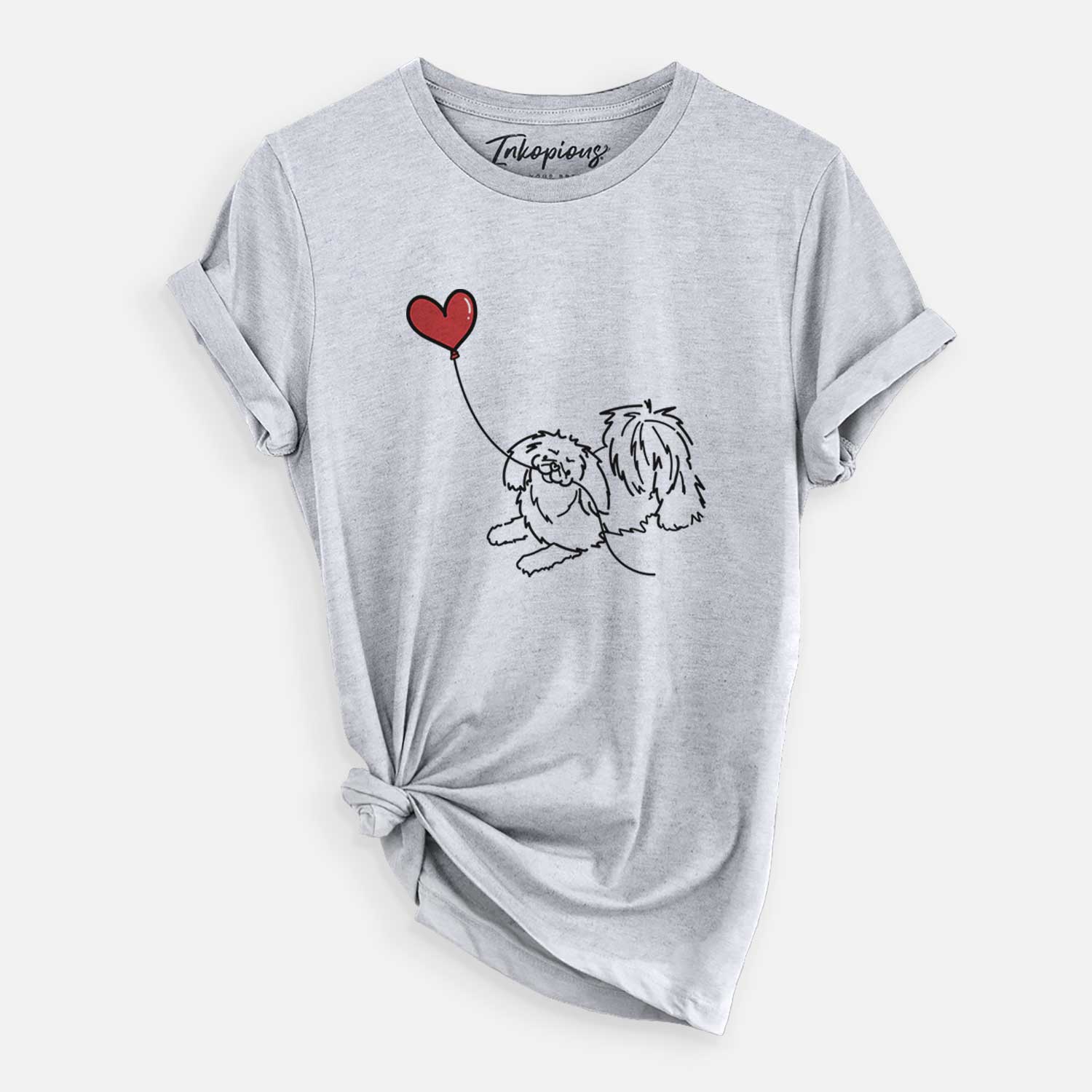 Minimalist line drawing of a Pekingese Heart String holding a heart balloon on a Grey Unisex crewneck
