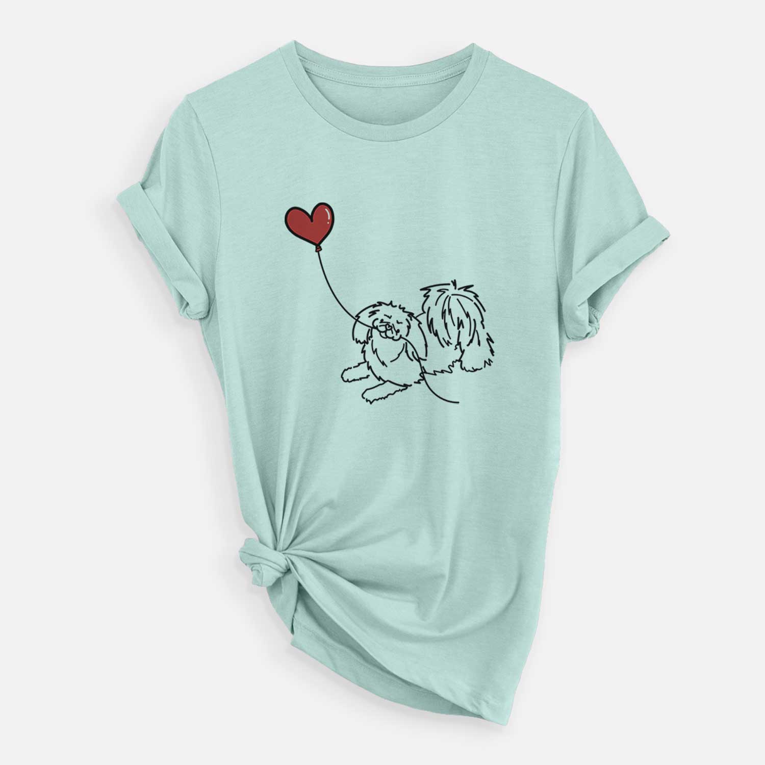Minimalist line drawing of a Pekingese Heart String holding a heart balloon on a Heather Sage Unisex crewneck