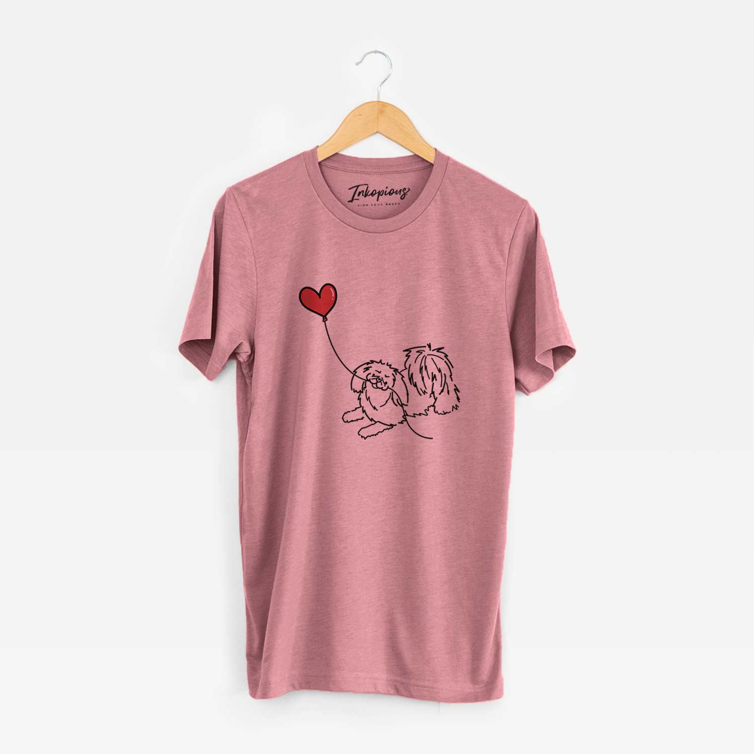 Minimalist line drawing of a Pekingese Heart String holding a heart balloon on a Mauve Unisex crewneck