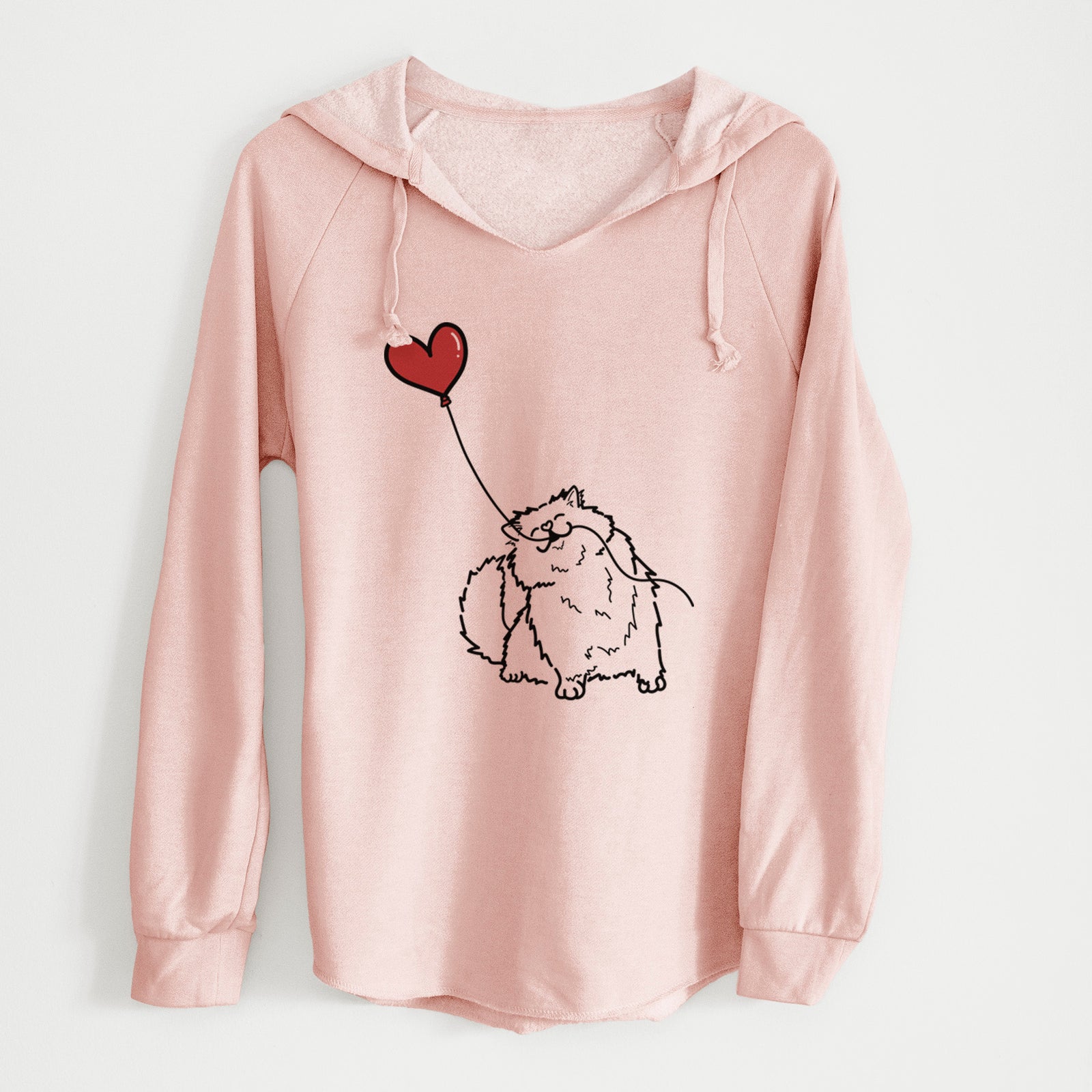 Minimalist line drawing of a Persian Cat Heart String holding a heart balloon on a Blush Cali Wave Hooded Sweatshirt