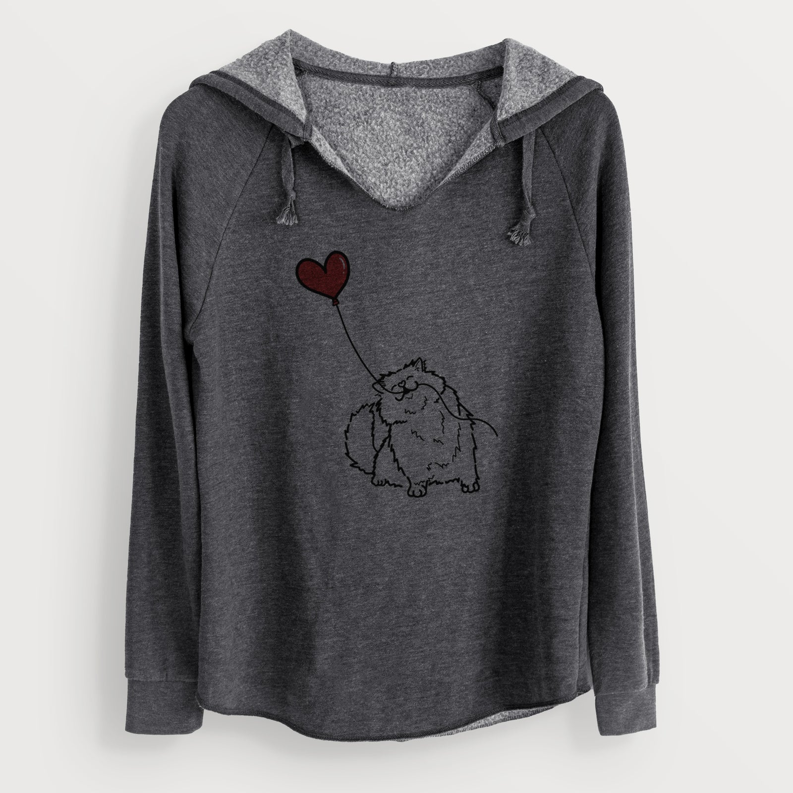 Minimalist line drawing of a Persian Cat Heart String holding a heart balloon on a Charcoal Cali Wave Hooded Sweatshirt