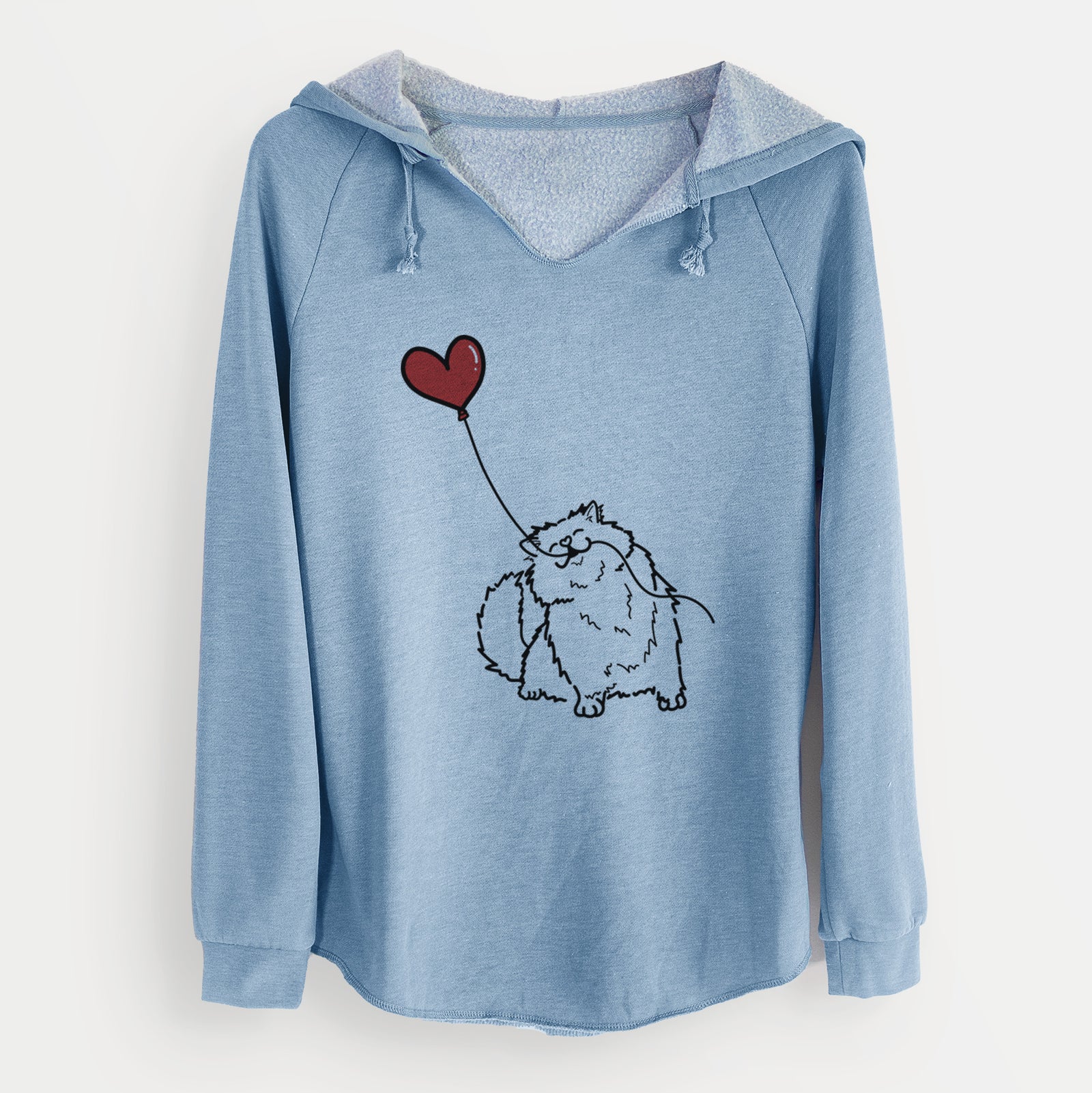 Minimalist line drawing of a Persian Cat Heart String holding a heart balloon on a Misty Blue Cali Wave Hooded Sweatshirt