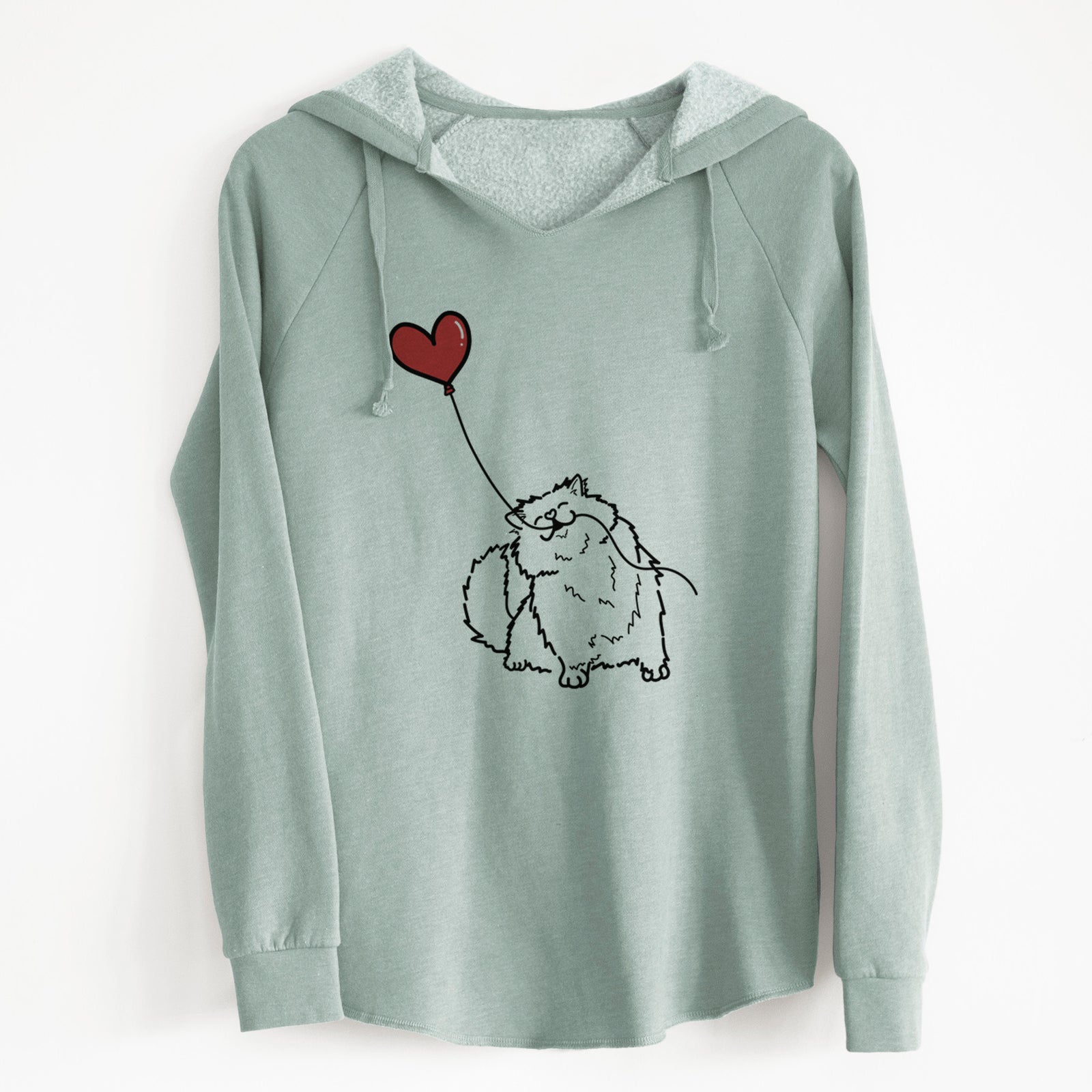 Minimalist line drawing of a Persian Cat Heart String holding a heart balloon on a Sage Cali Wave Hooded Sweatshirt