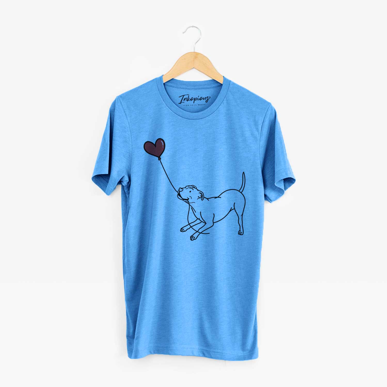 Minimalist line drawing of a Pitbull Terrier Heart String holding a heart balloon on a Blue Unisex crewneck