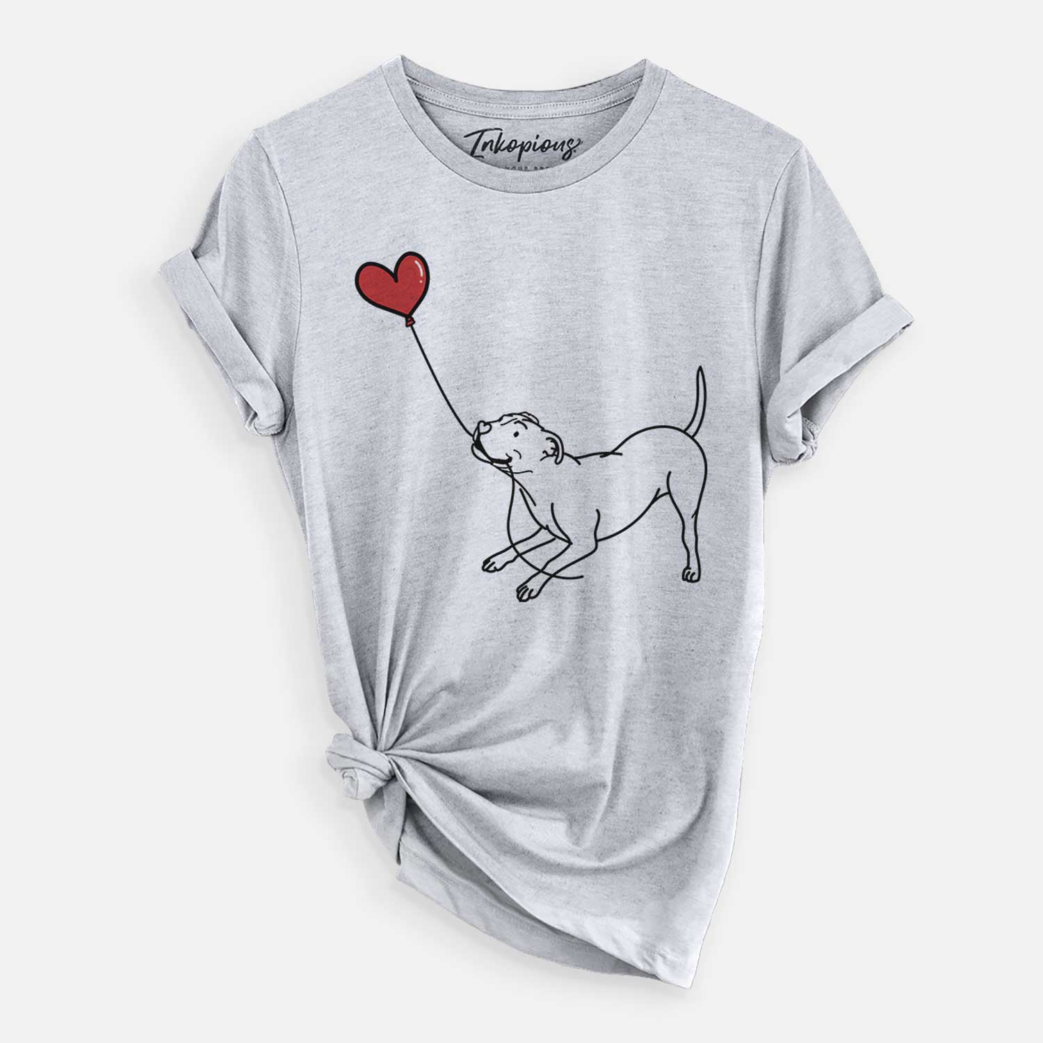 Minimalist line drawing of a Pitbull Terrier Heart String holding a heart balloon on a Grey Unisex crewneck
