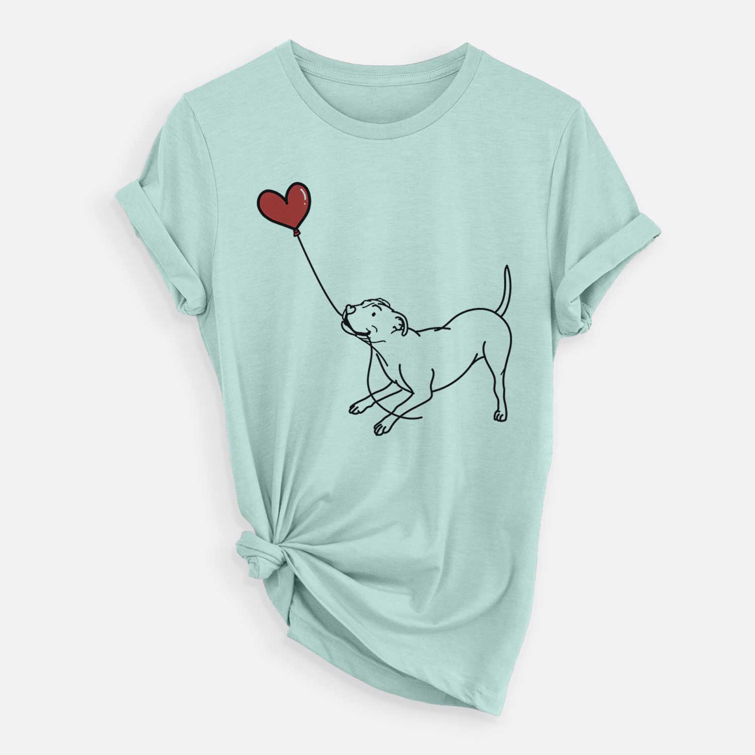 Minimalist line drawing of a Pitbull Terrier Heart String holding a heart balloon on a Heather Sage Unisex crewneck