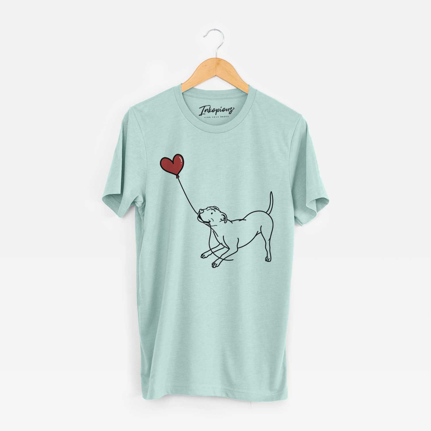 Minimalist line drawing of a Pitbull Terrier Heart String holding a heart balloon on a Heather Sage Unisex crewneck