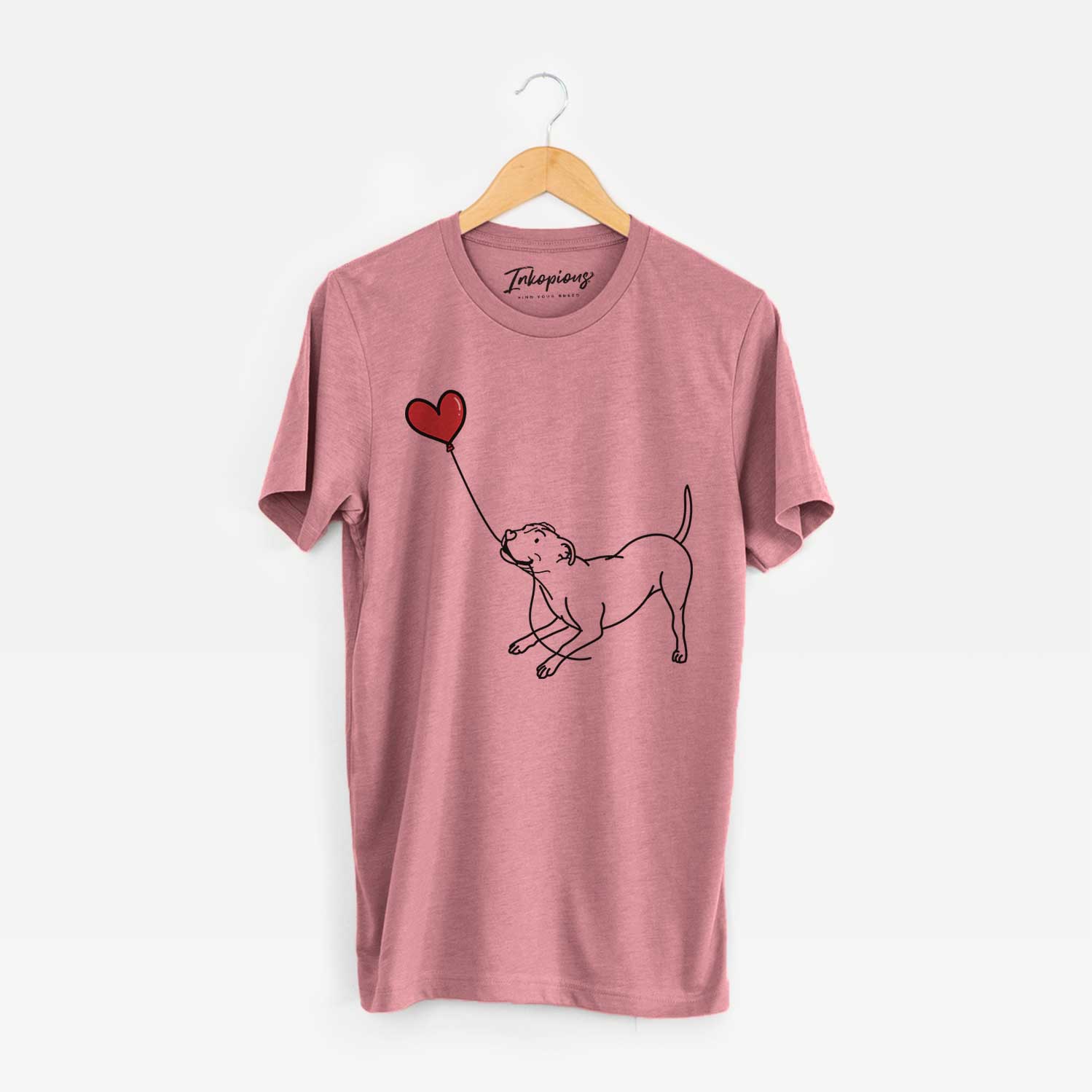 Minimalist line drawing of a Pitbull Terrier Heart String holding a heart balloon on a Mauve Unisex crewneck