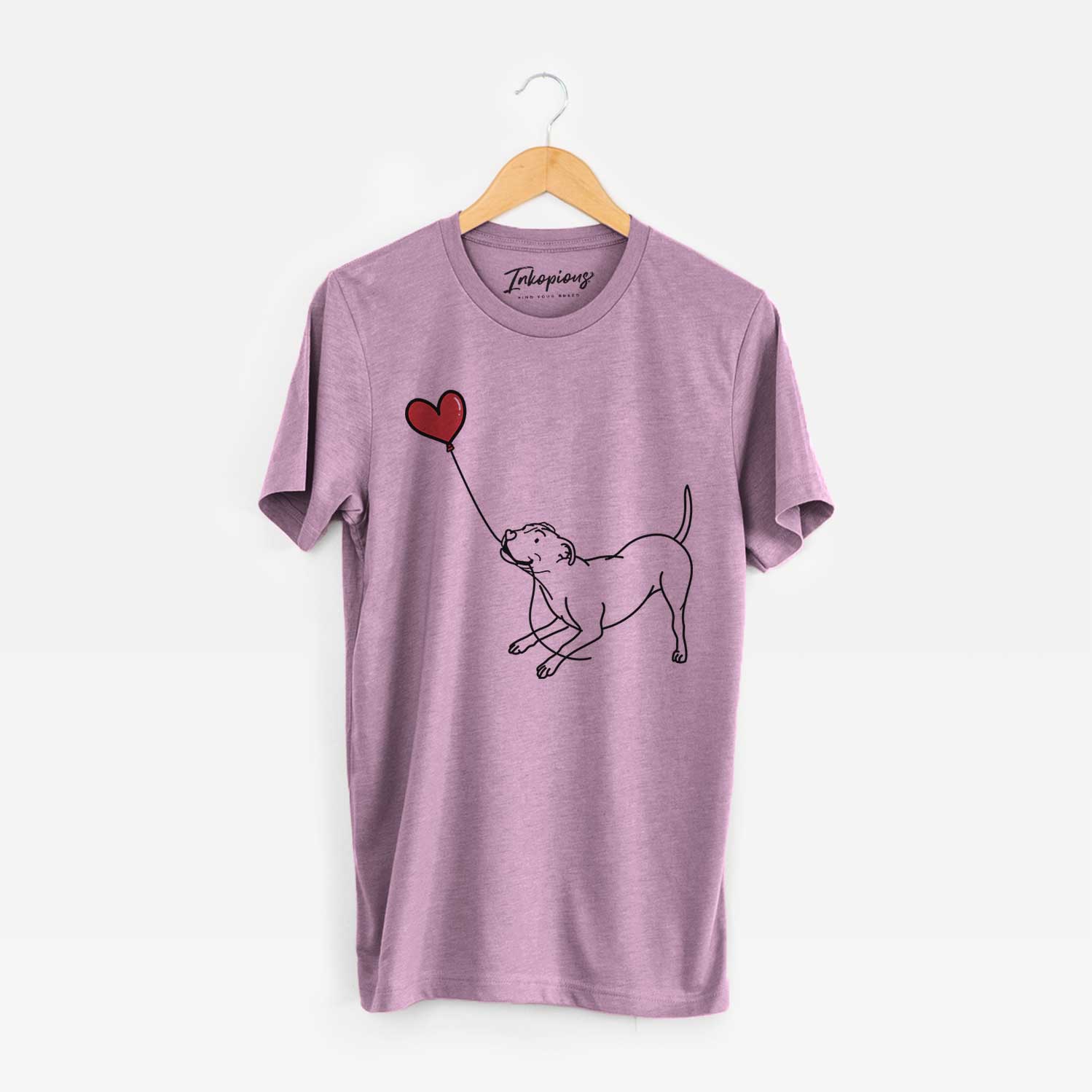 Minimalist line drawing of a Pitbull Terrier Heart String holding a heart balloon on an Orchid Unisex crewneck