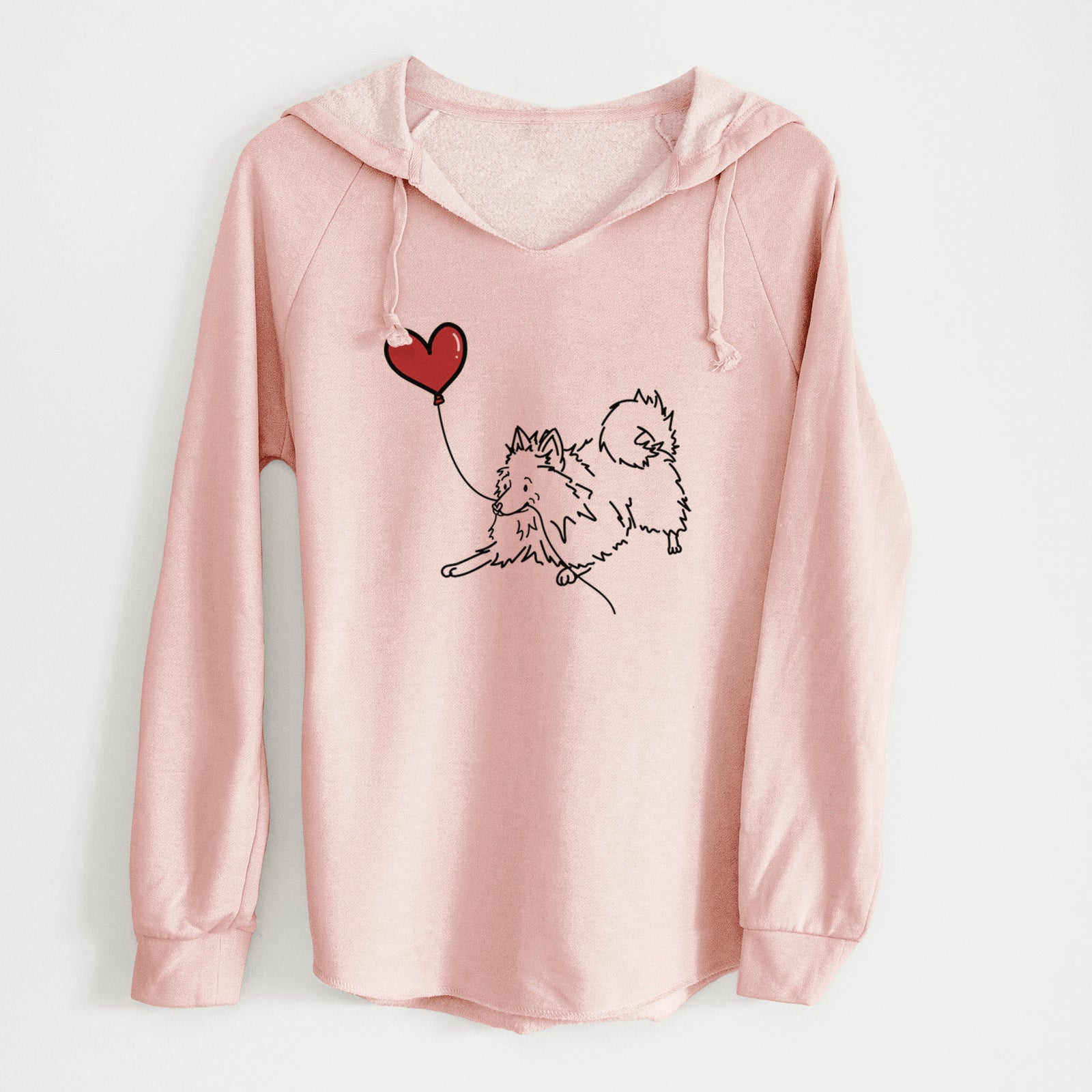 Minimalist line drawing of a Pomeranian Heart String holding a heart balloon on a Blush Cali Wave Hooded Sweatshirt