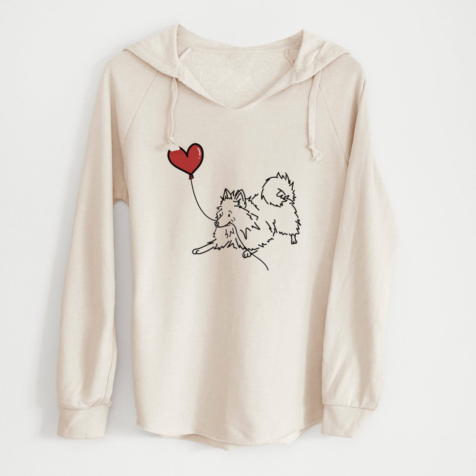Minimalist line drawing of a Pomeranian Heart String holding a heart balloon on a Bone Cali Wave Hooded Sweatshirt