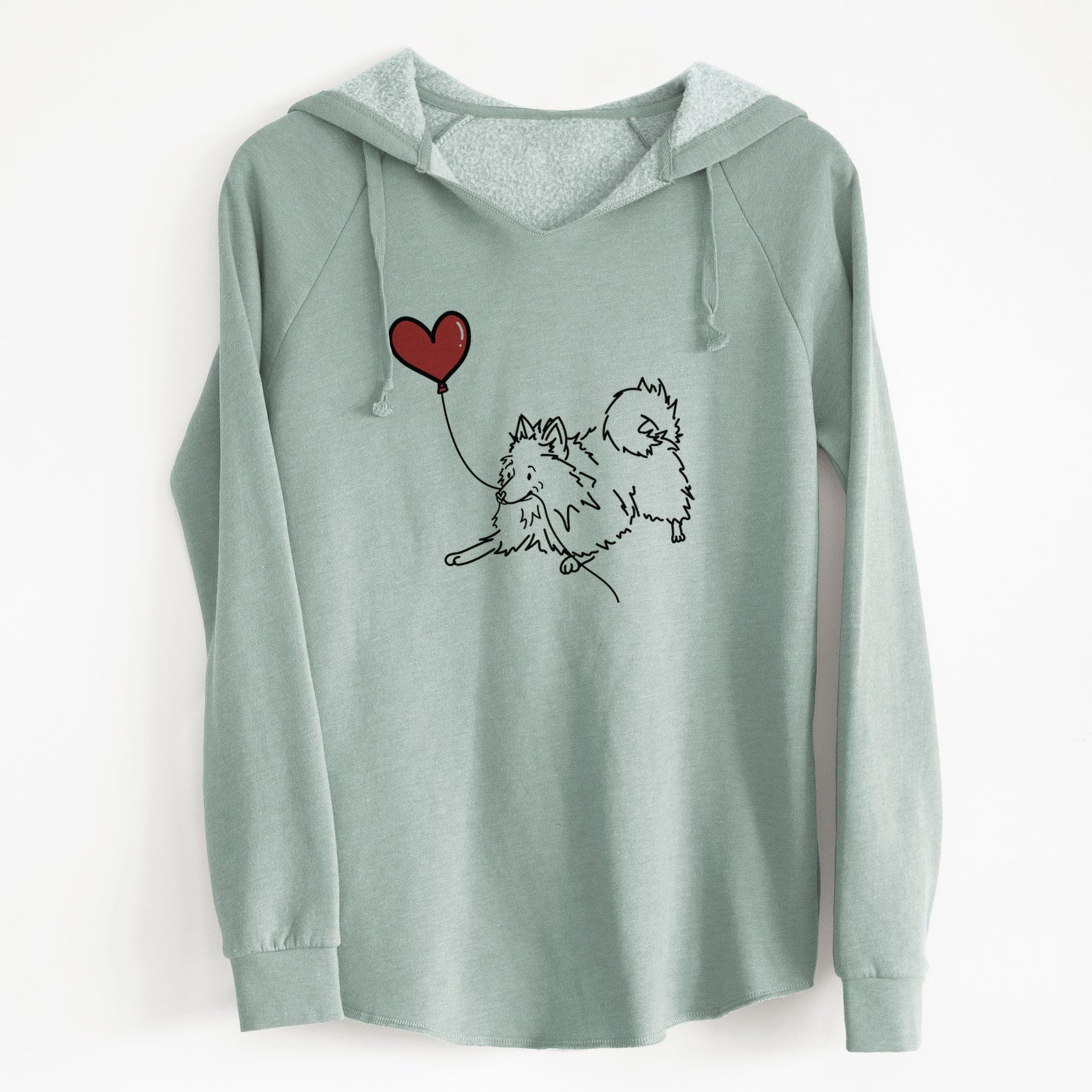 Minimalist line drawing of a Pomeranian Heart String holding a heart balloon on a Sage Cali Wave Hooded Sweatshirt