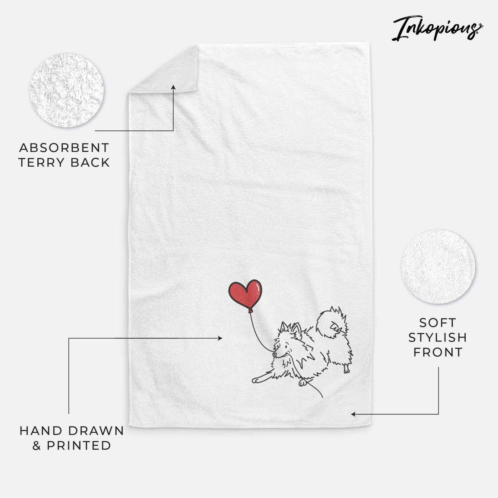 Minimalist line drawing of a Pomeranian Heart String holding a heart balloon on a decorative hand towel
