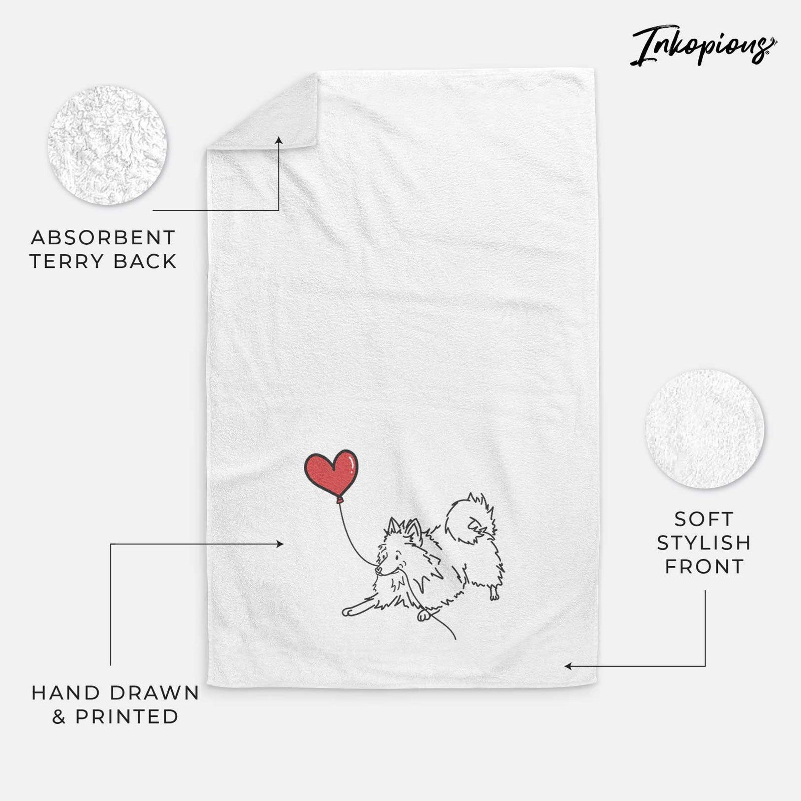 Minimalist line drawing of a Pomeranian Heart String holding a heart balloon on a decorative hand towel