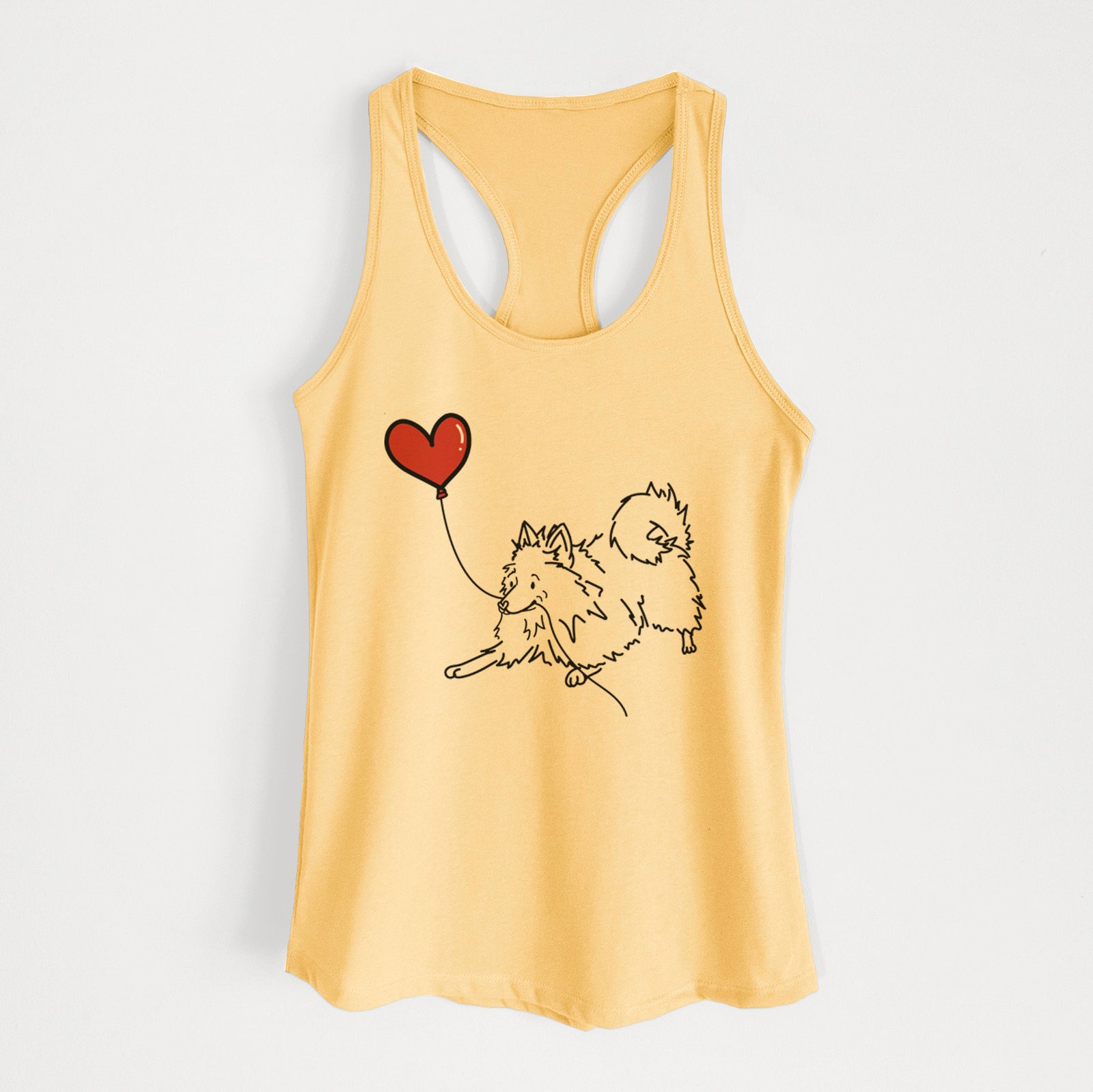 Minimalist line drawing of a Pomeranian Heart String holding a heart balloon on a Banana Cream Women's racerback tanktop