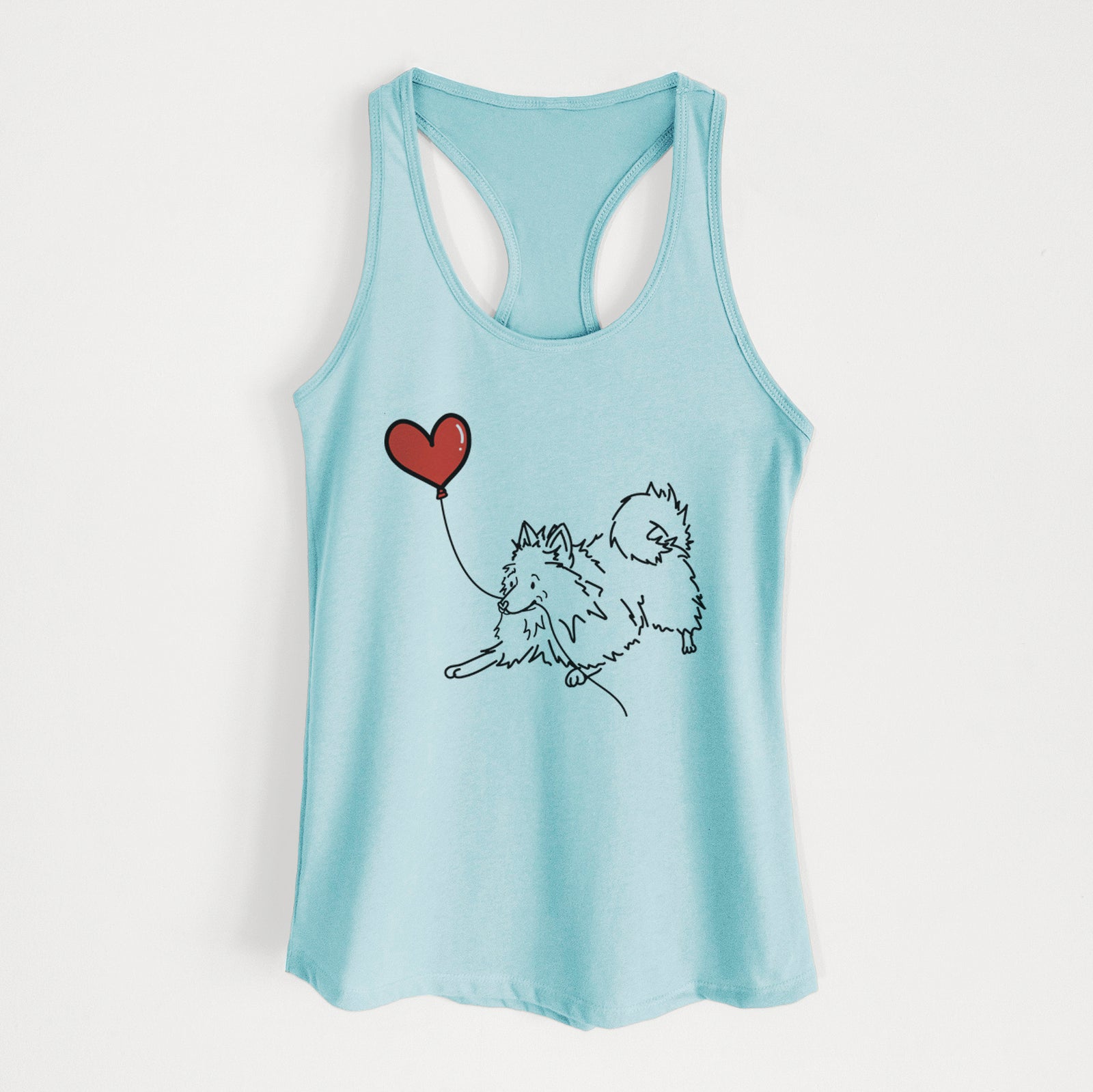 Minimalist line drawing of a Pomeranian Heart String holding a heart balloon on a Cancun Blue Women's racerback tanktop
