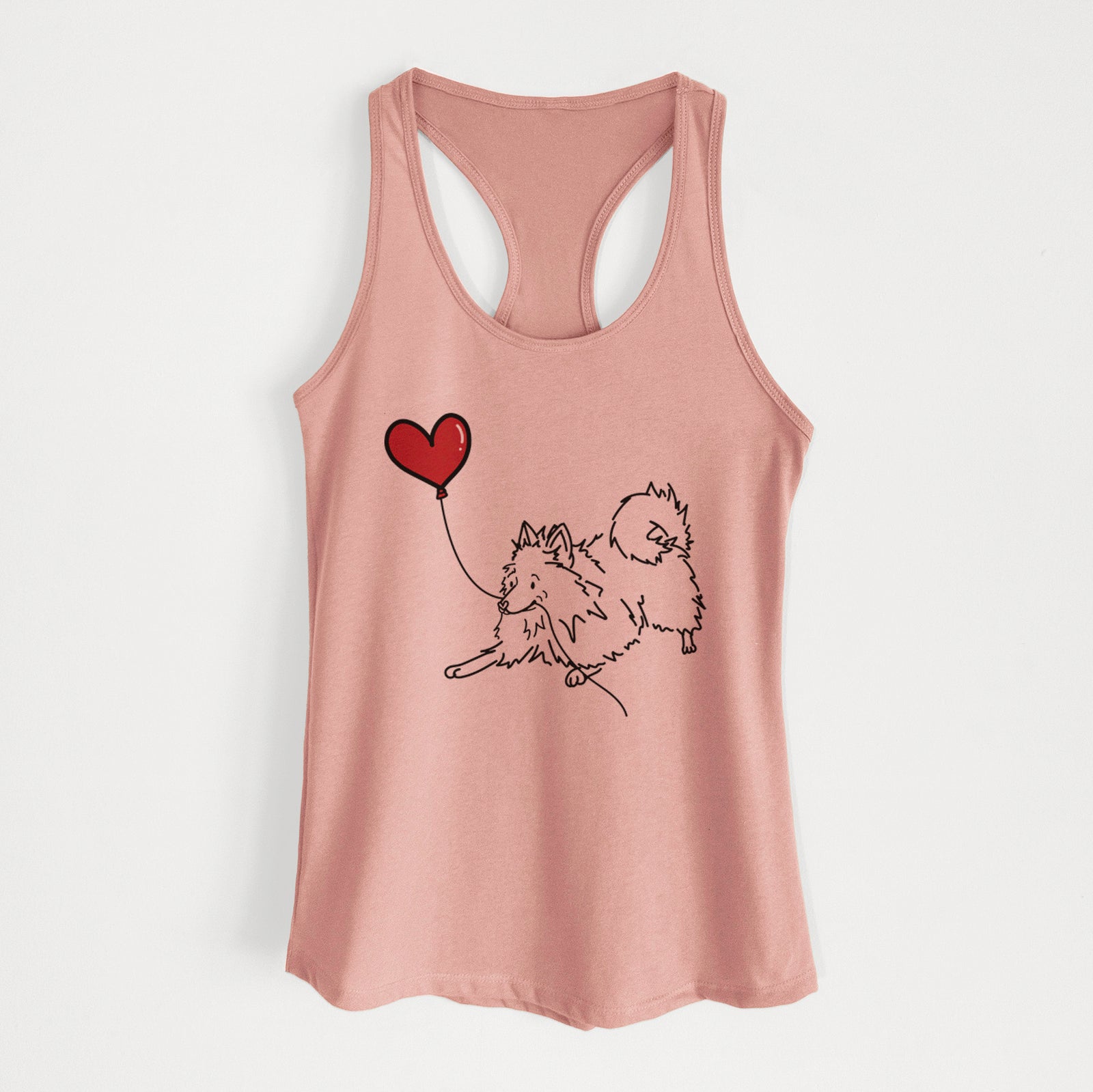Minimalist line drawing of a Pomeranian Heart String holding a heart balloon on a Desert Pink Women's racerback tanktop