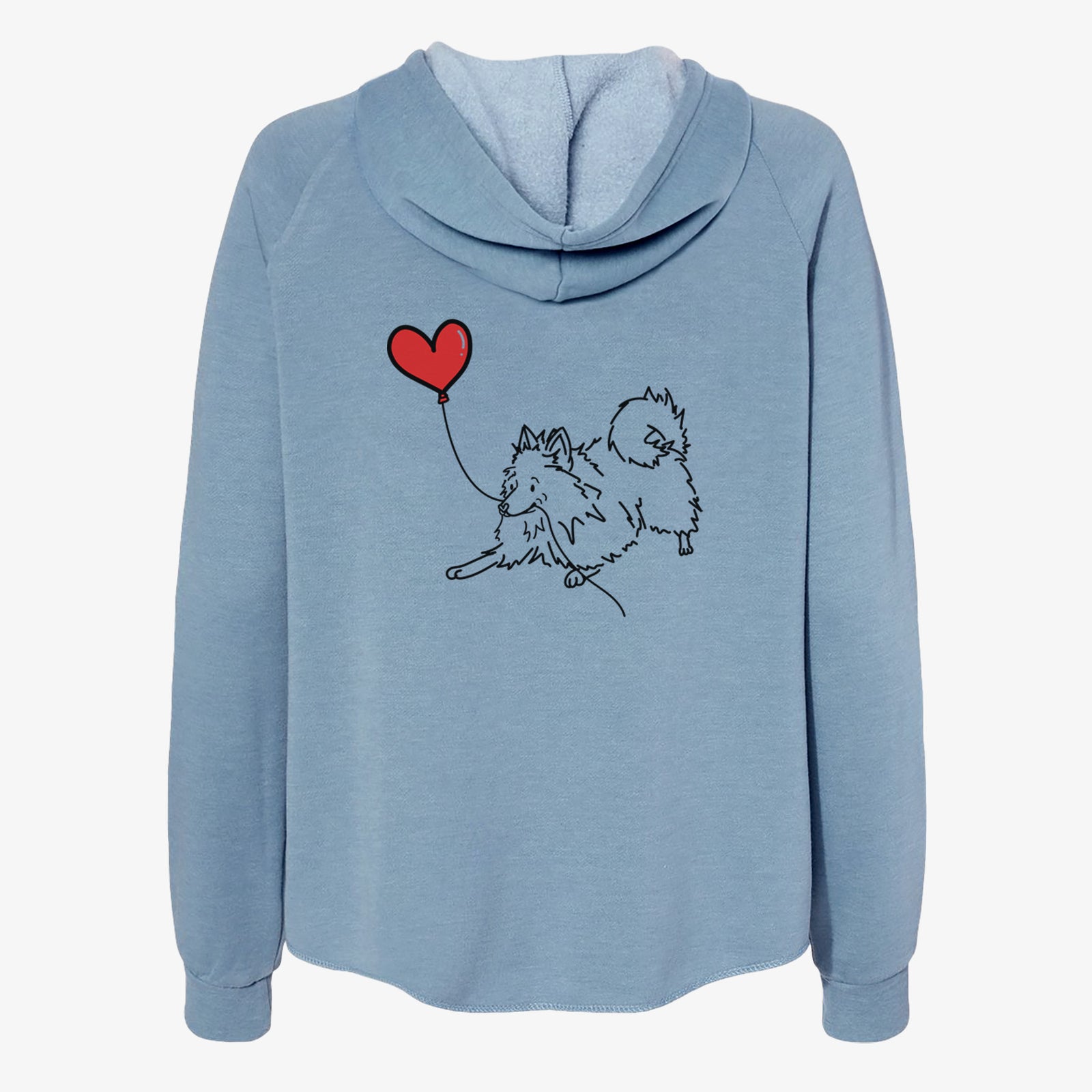 Minimalist line drawing of a Pomeranian Heart String- Women's Cali Wave Zip-Up Sweatshirt holding a heart balloon on a Misty Blue Cali Wave Zipup Sweatshirt