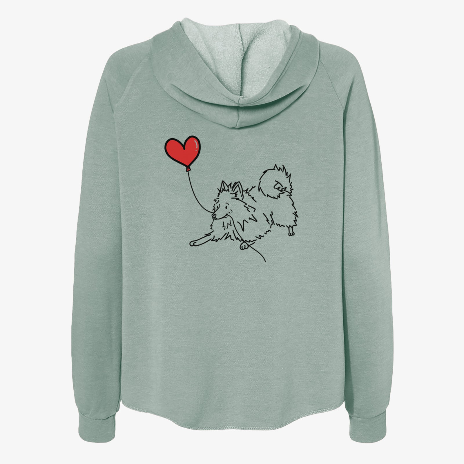 Minimalist line drawing of a Pomeranian Heart String- Women's Cali Wave Zip-Up Sweatshirt holding a heart balloon on a Sage Cali Wave Zipup Sweatshirt