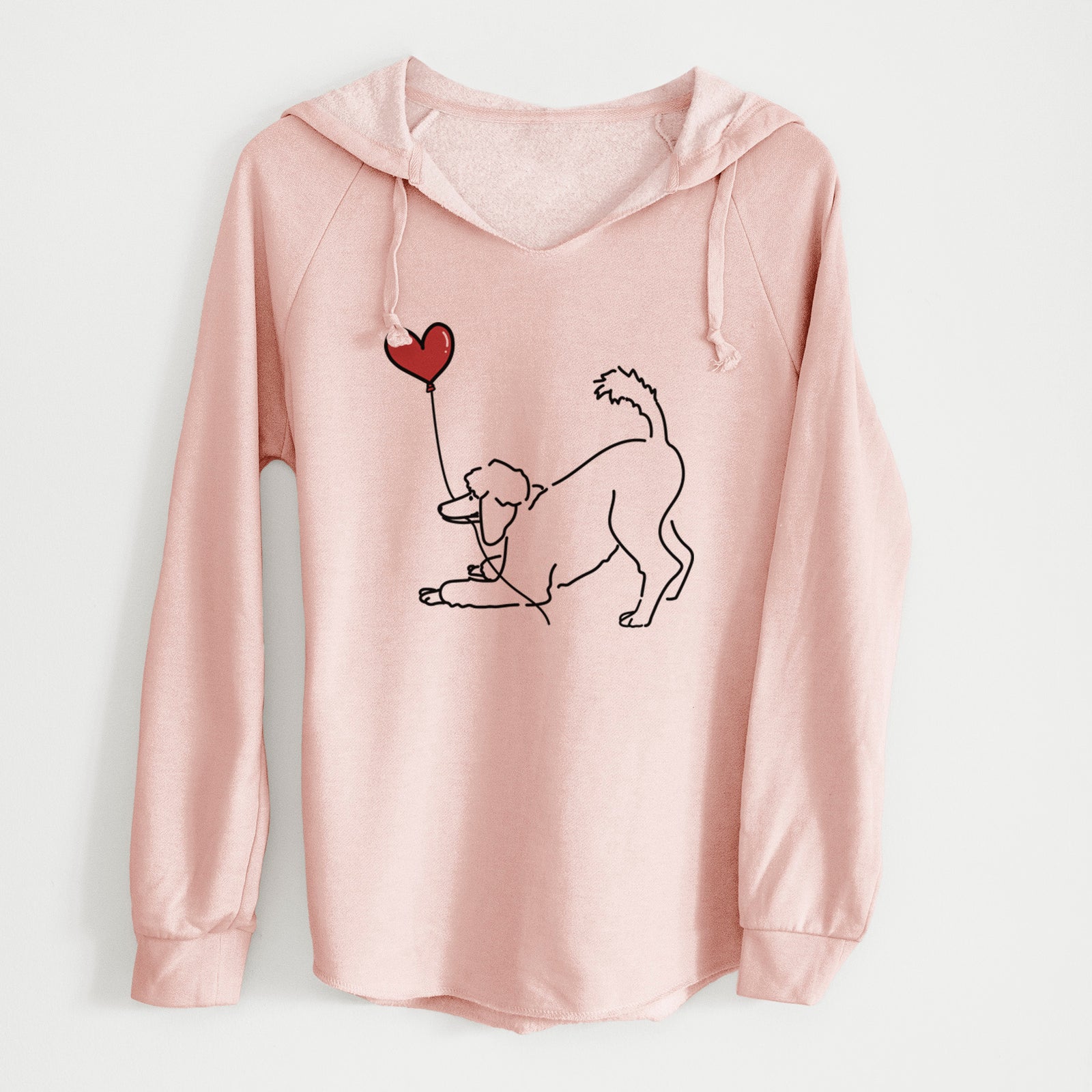 Minimalist line drawing of a Standard Poodle Heart String holding a heart balloon on a Blush Cali Wave Hooded Sweatshirt