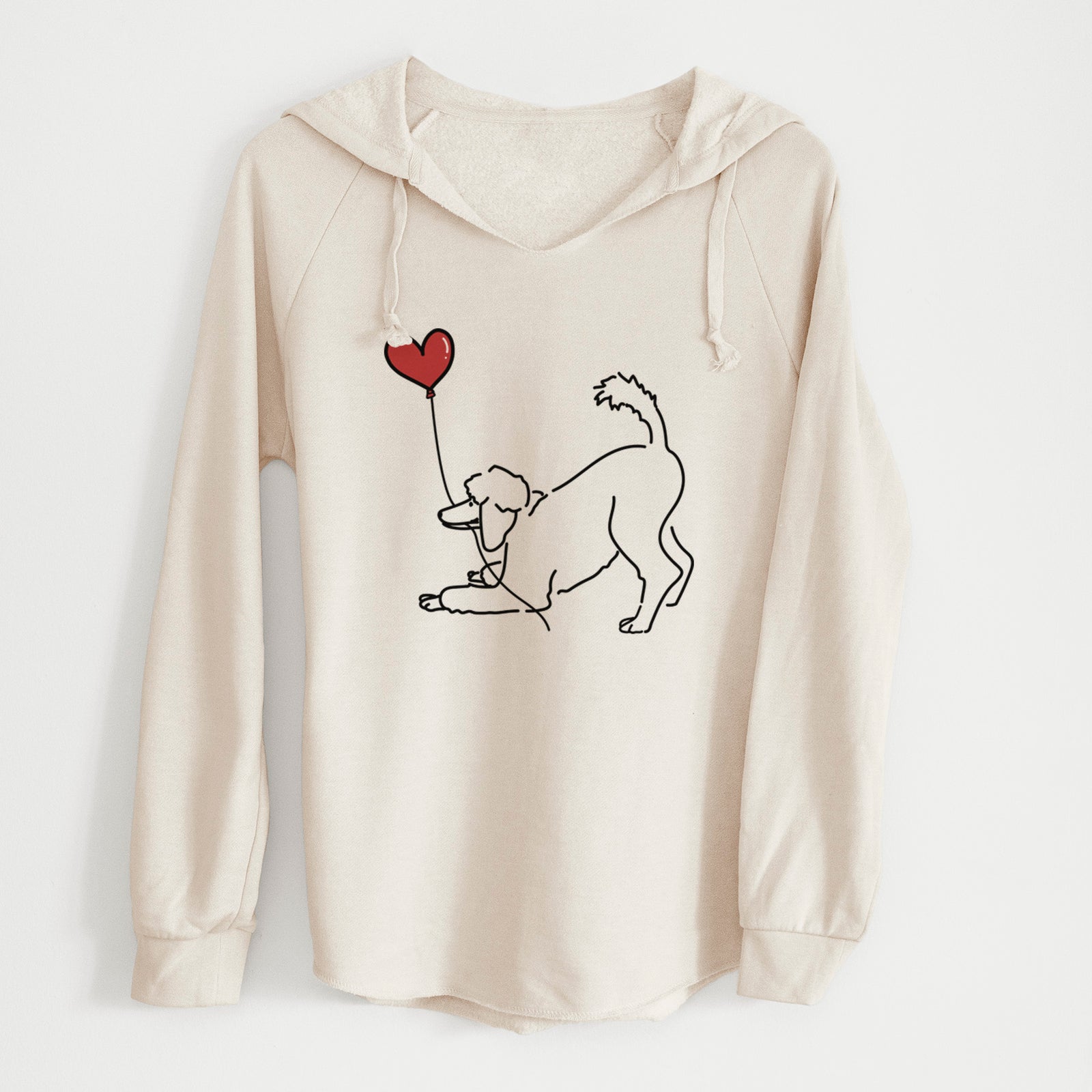 Minimalist line drawing of a Standard Poodle Heart String holding a heart balloon on a Bone Cali Wave Hooded Sweatshirt