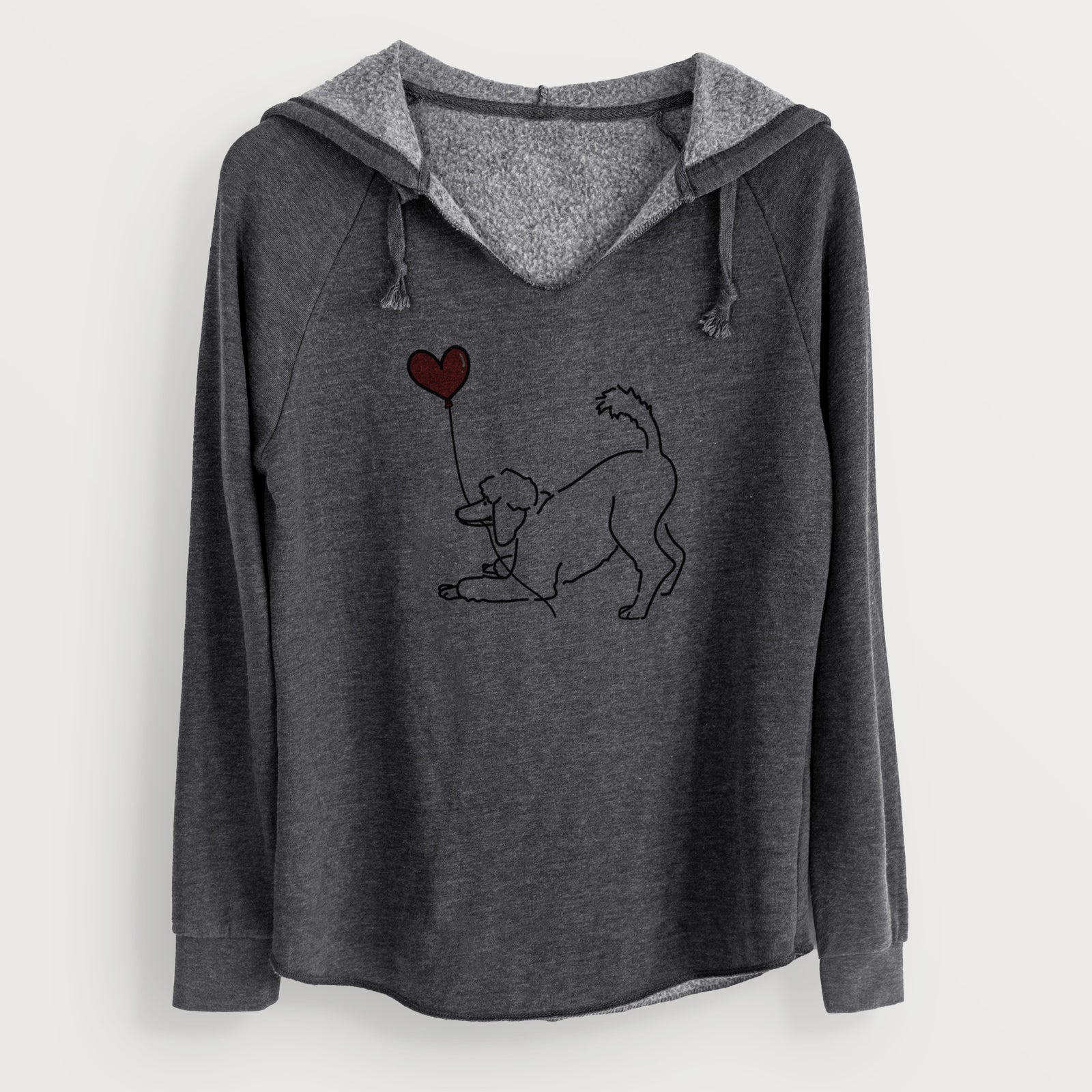 Minimalist line drawing of a Standard Poodle Heart String holding a heart balloon on a Charcoal Cali Wave Hooded Sweatshirt