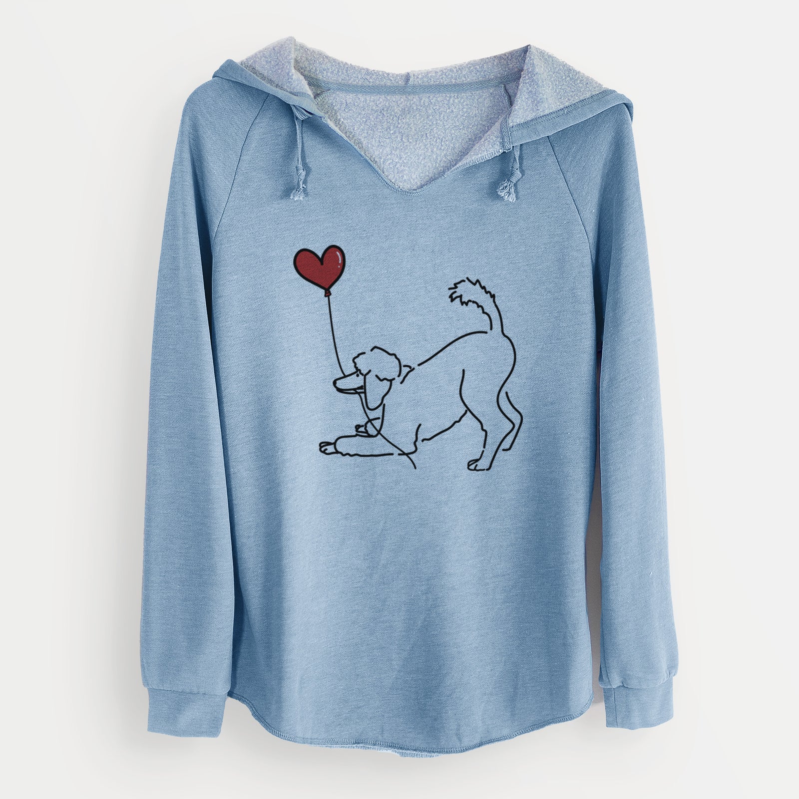 Minimalist line drawing of a Standard Poodle Heart String holding a heart balloon on a Misty Blue Cali Wave Hooded Sweatshirt