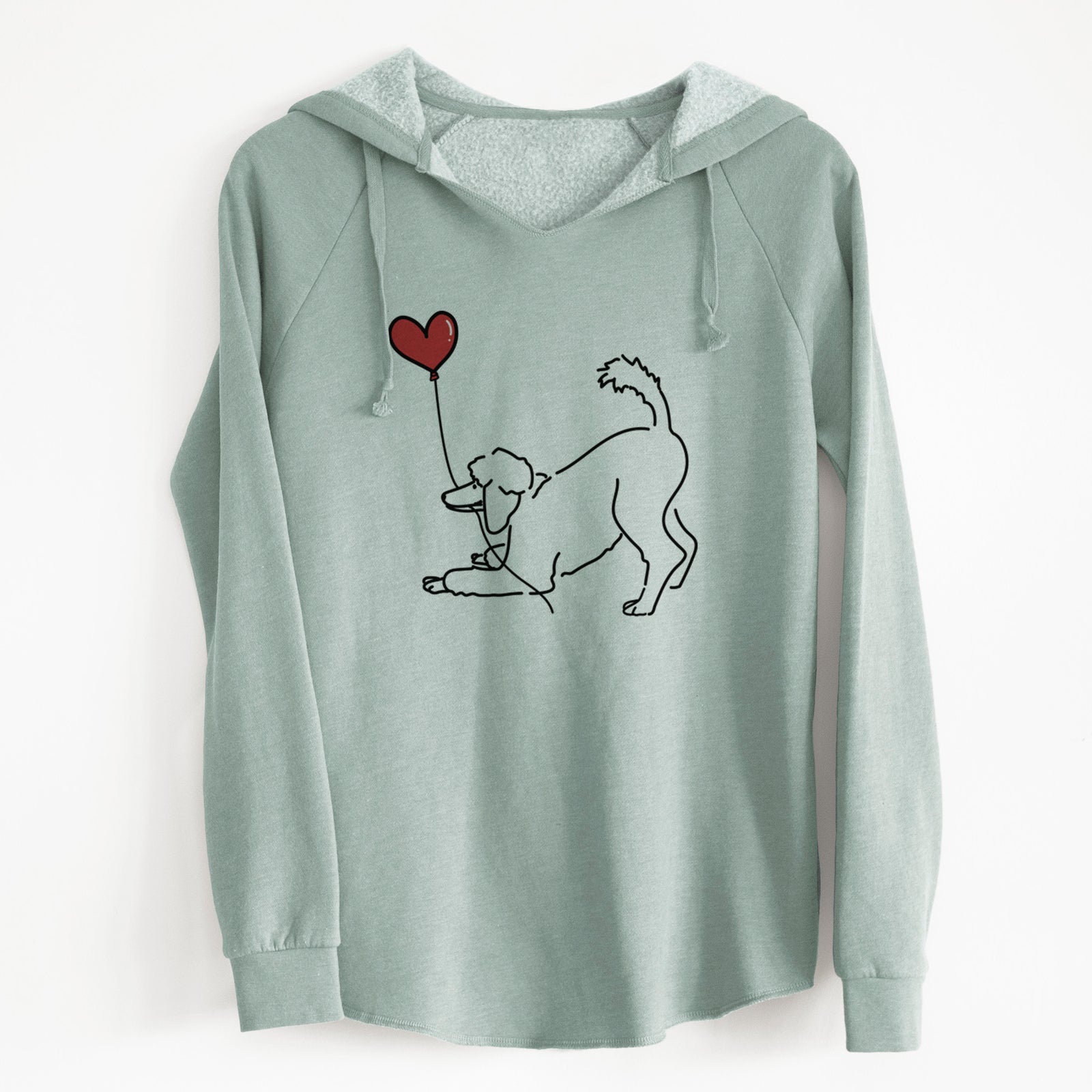 Minimalist line drawing of a Standard Poodle Heart String holding a heart balloon on a Sage Cali Wave Hooded Sweatshirt