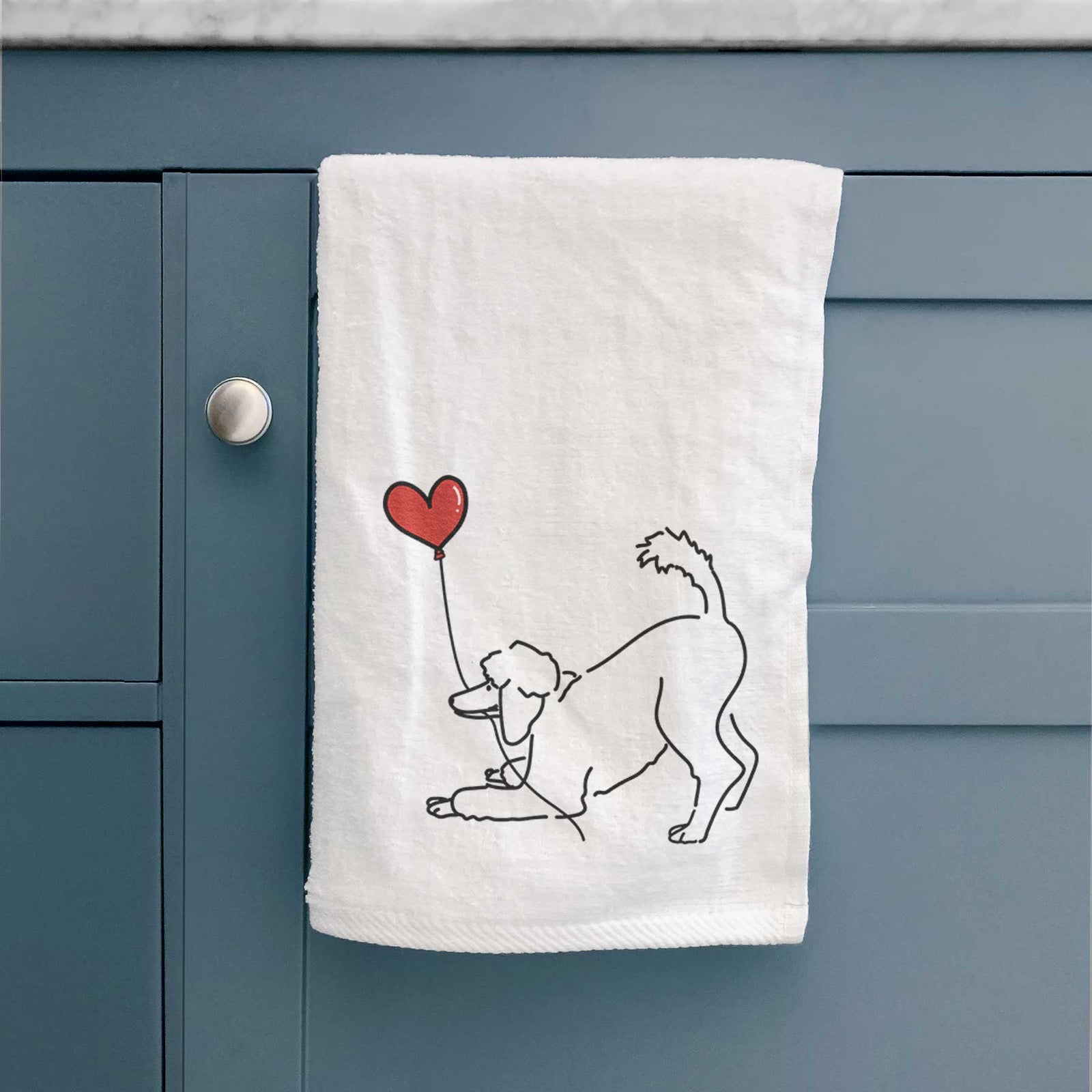 Minimalist line drawing of a Standard Poodle Heart String holding a heart balloon on a decorative hand towel