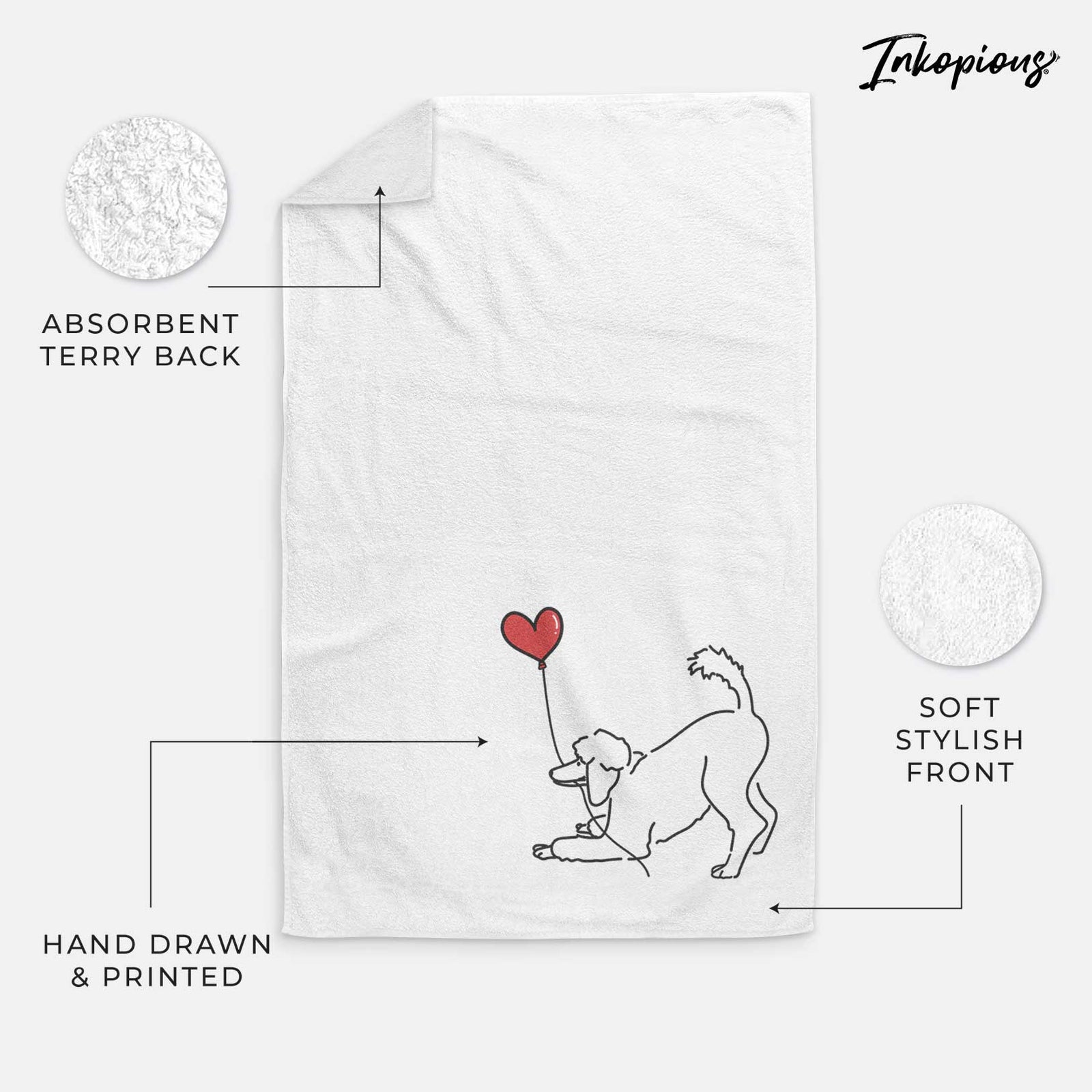 Minimalist line drawing of a Standard Poodle Heart String holding a heart balloon on a decorative hand towel