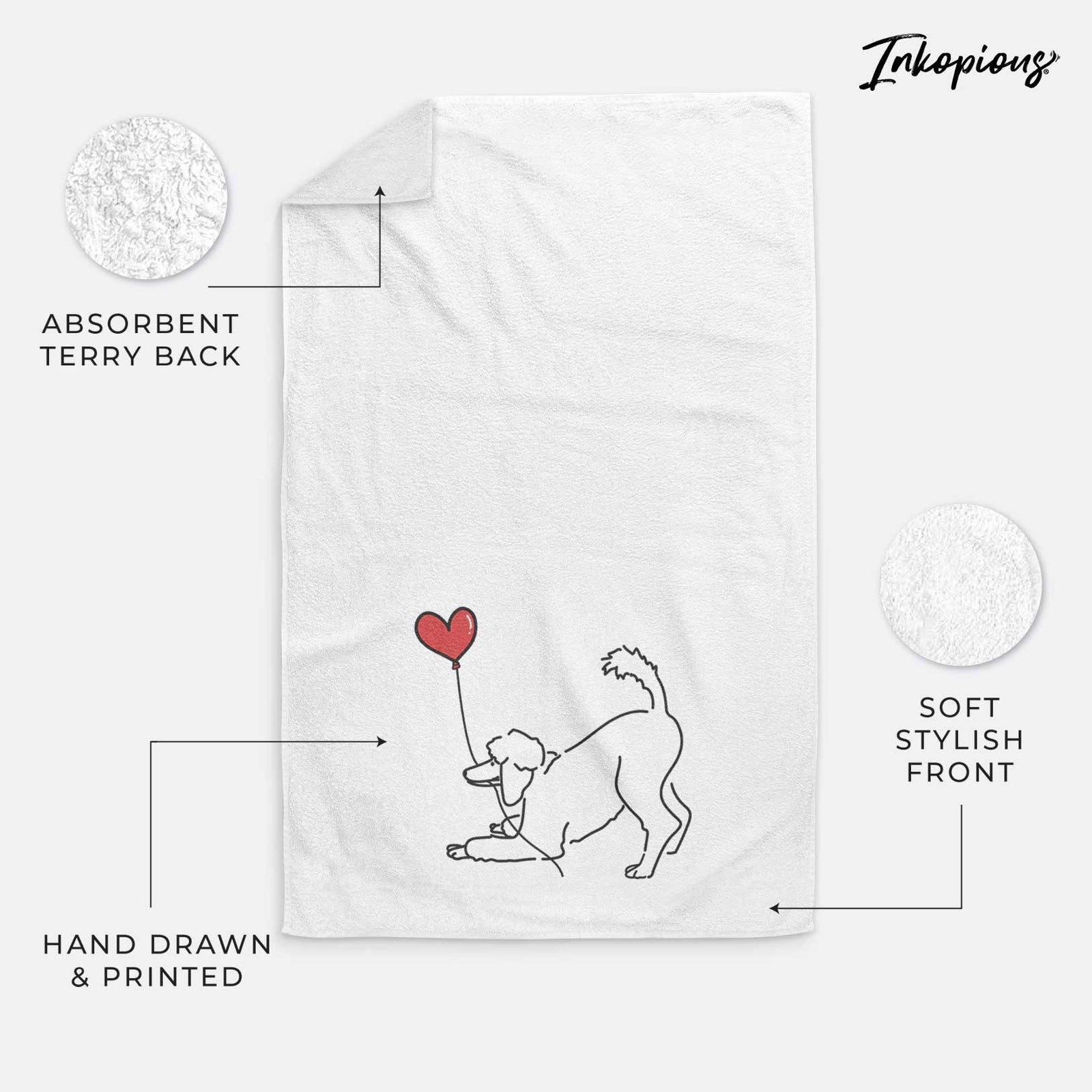 Minimalist line drawing of a Standard Poodle Heart String holding a heart balloon on a decorative hand towel