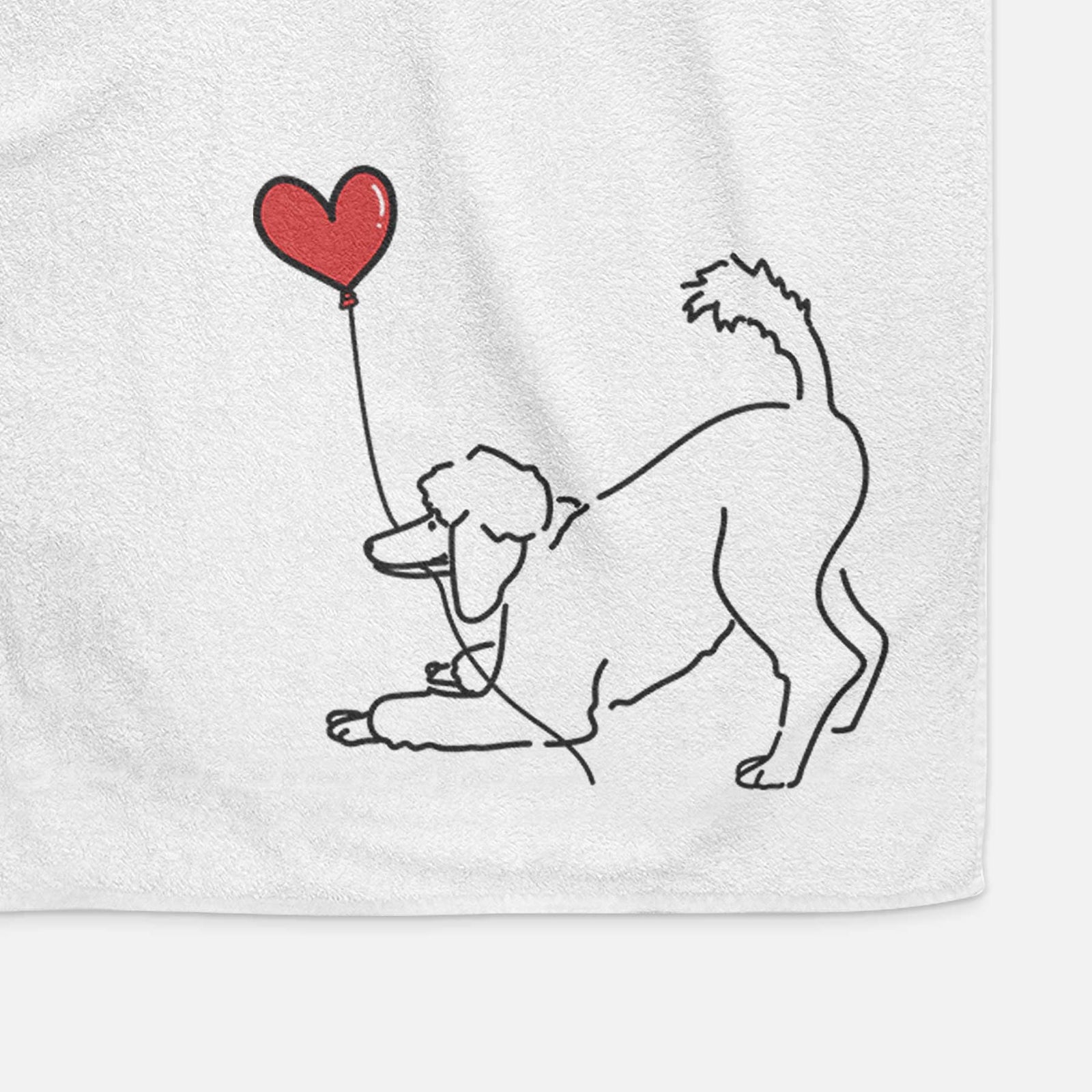 Minimalist line drawing of a Standard Poodle Heart String holding a heart balloon on a decorative hand towel