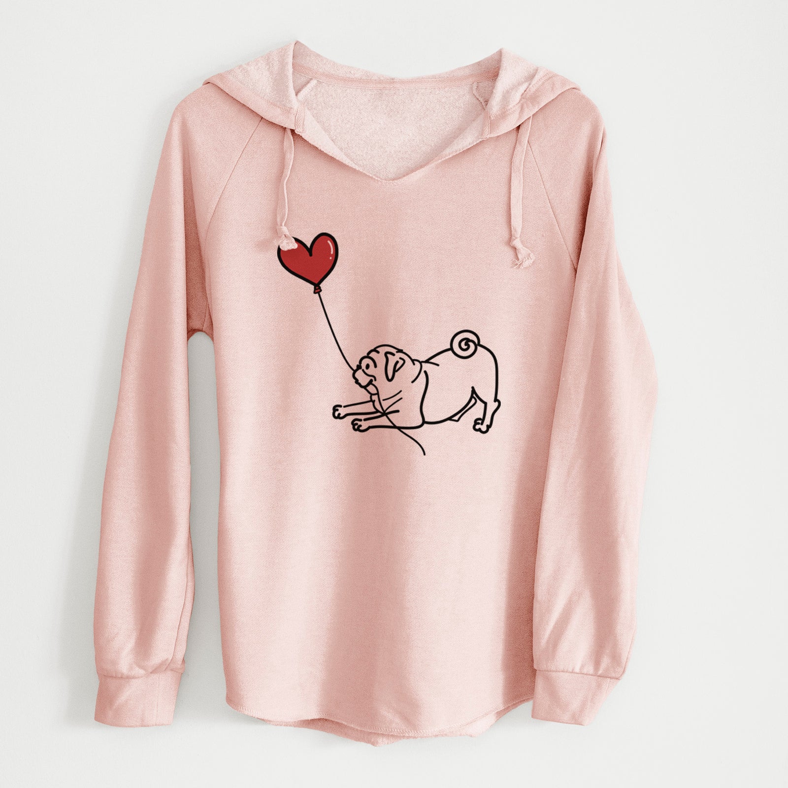 Minimalist line drawing of a Pug Heart String holding a heart balloon on a Blush Cali Wave Hooded Sweatshirt