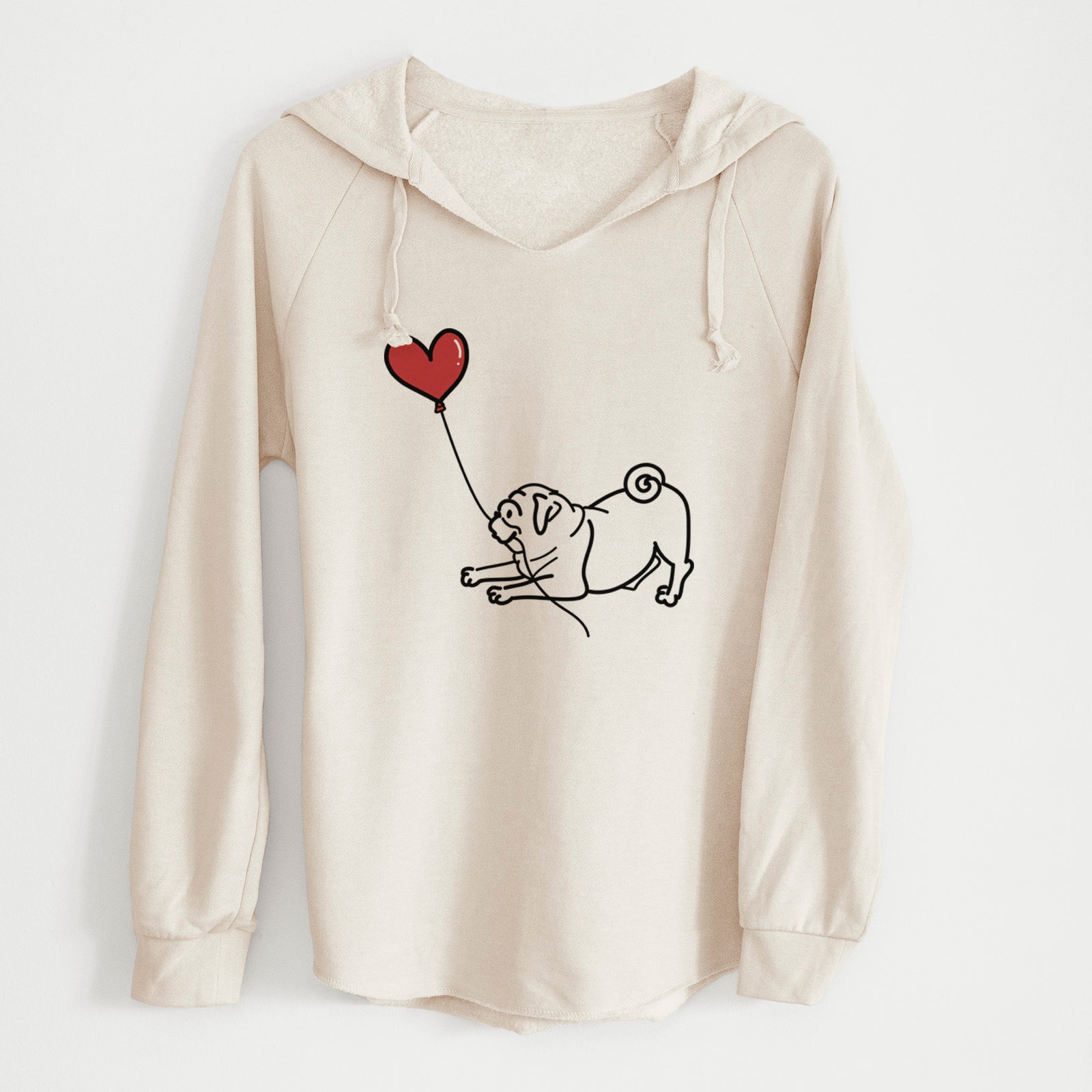 Minimalist line drawing of a Pug Heart String holding a heart balloon on a Bone Cali Wave Hooded Sweatshirt