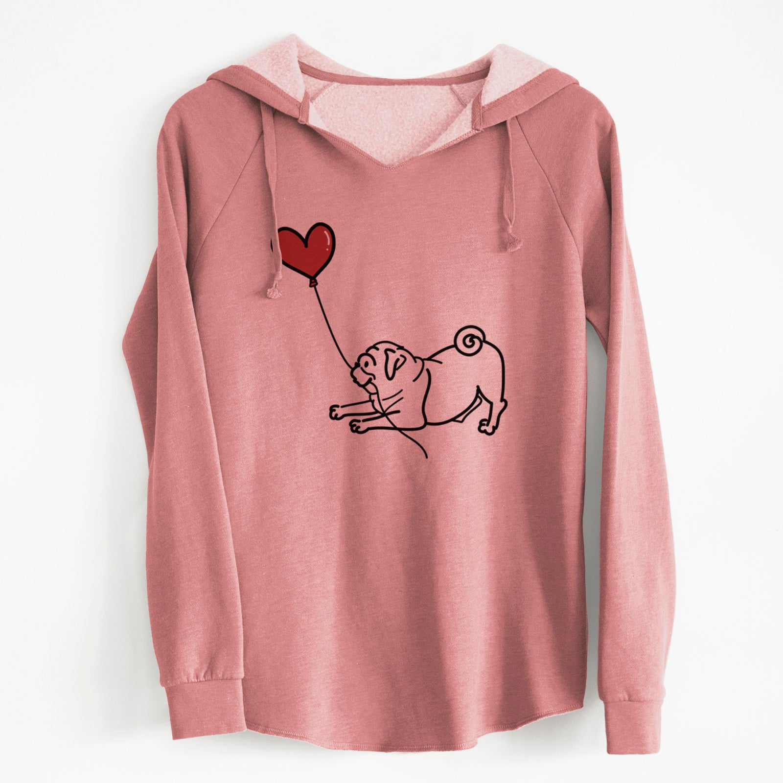 Minimalist line drawing of a Pug Heart String holding a heart balloon on a Dusty Rose Cali Wave Hooded Sweatshirt